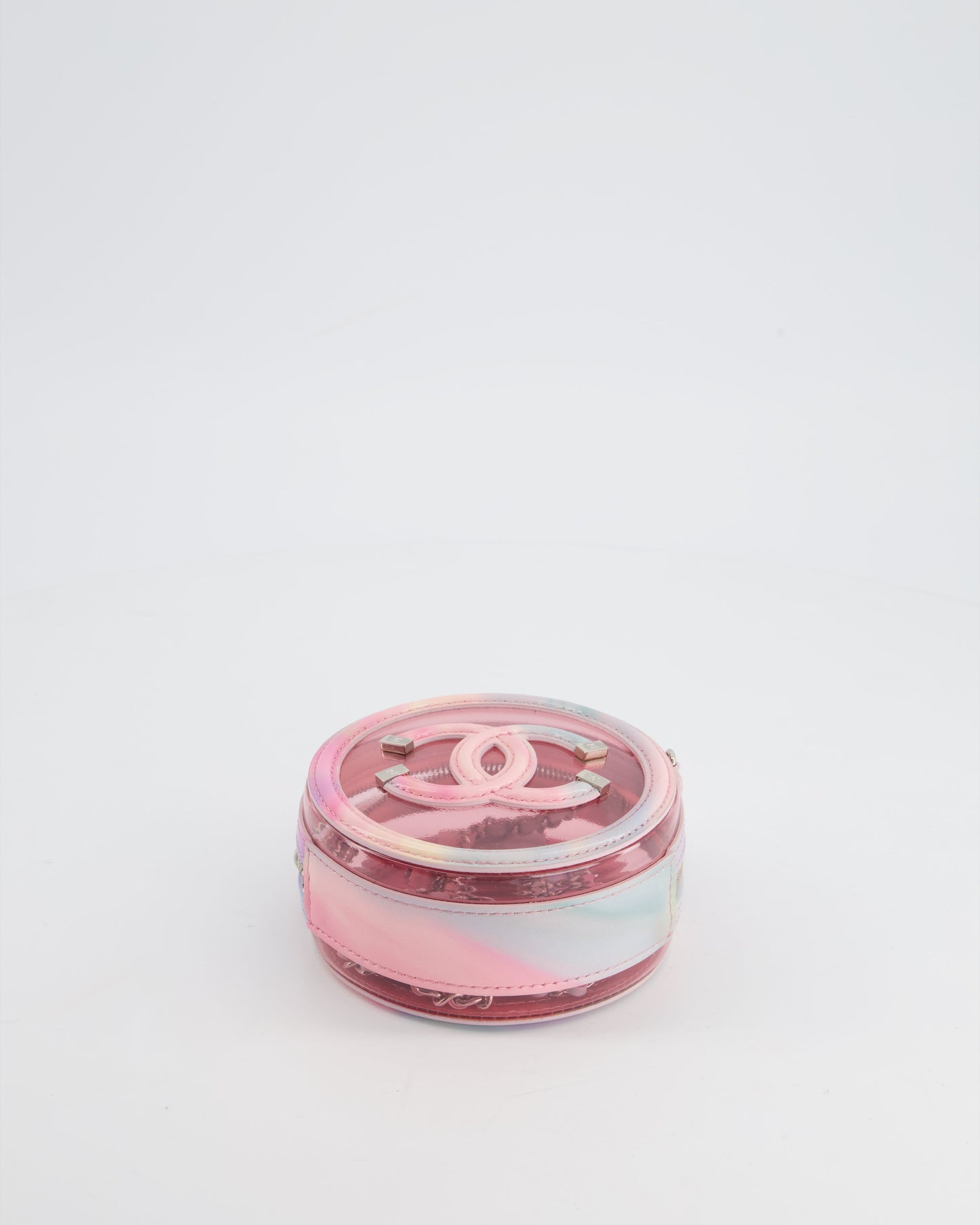 Chanel Rainbow Pink Filigree PVC CC Mini Round Crossbody Bag with Silver Hardware