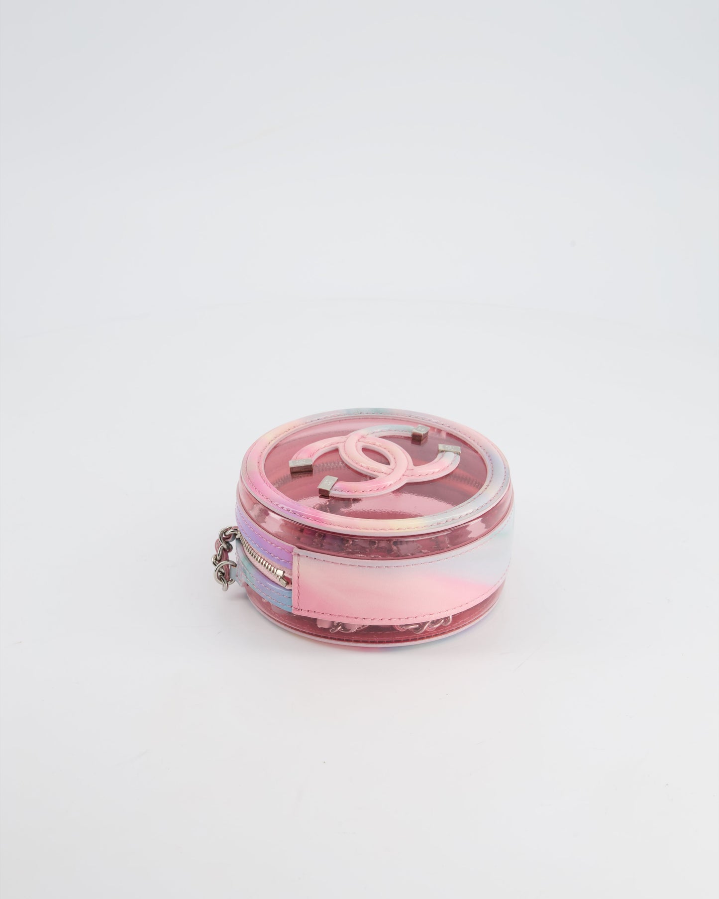 Chanel Rainbow Pink Filigree PVC CC Mini Round Crossbody Bag with Silver Hardware