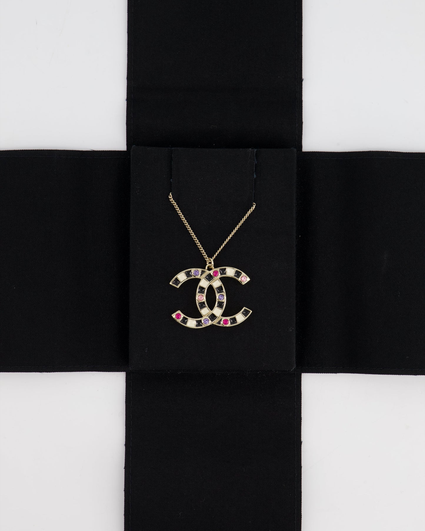 *FIRE PRICE* Chanel Champagne Gold CC Pendant Necklace with Multicolour Stones Detail