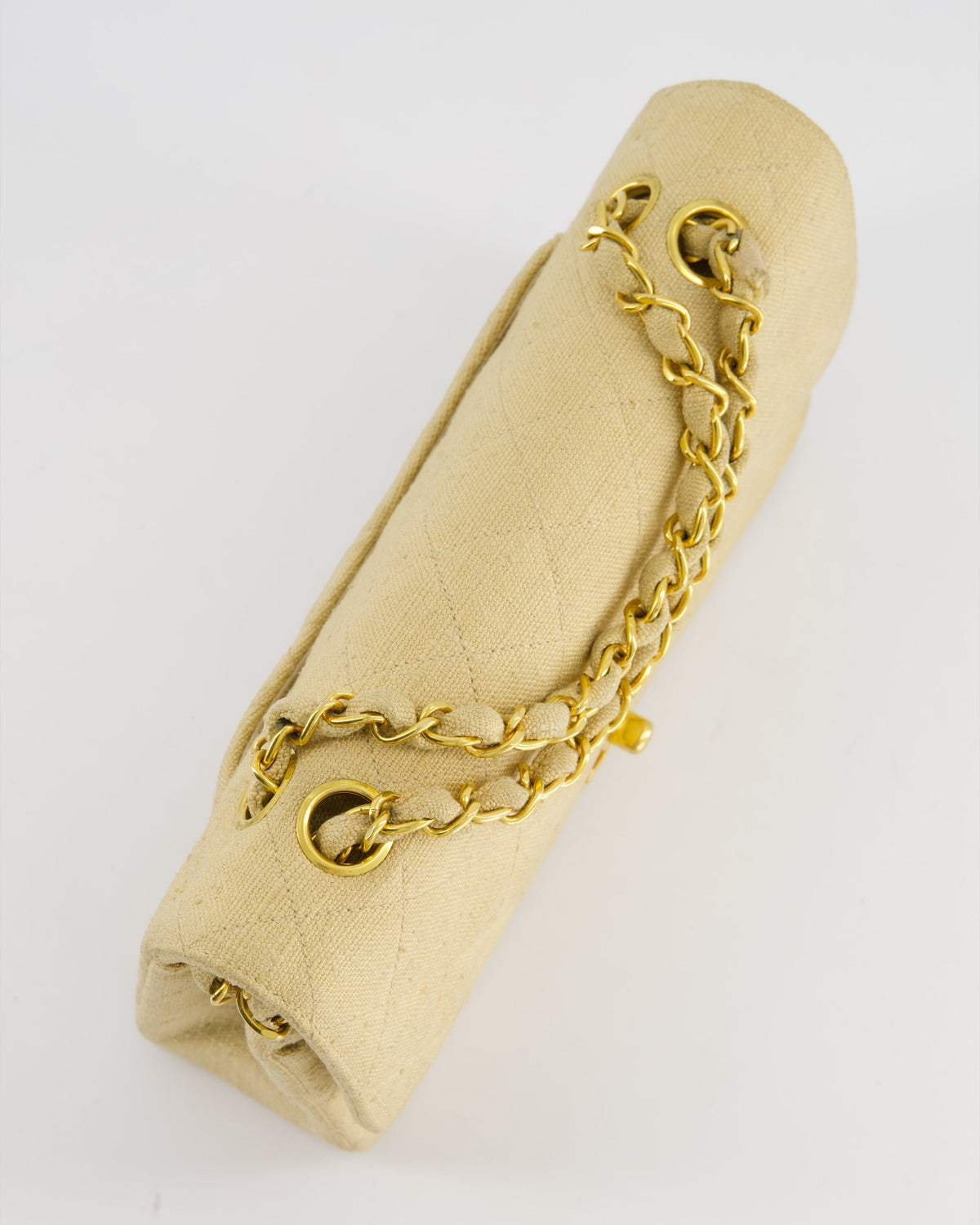 VINTAGE* Chanel Beige Small Fabric Double Flap Bag with 24K Gold Hardware