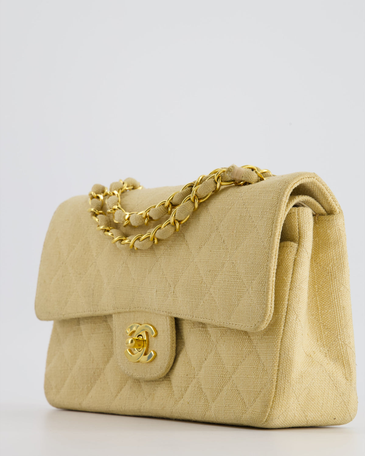 VINTAGE* Chanel Beige Small Fabric Double Flap Bag with 24K Gold Hardware
