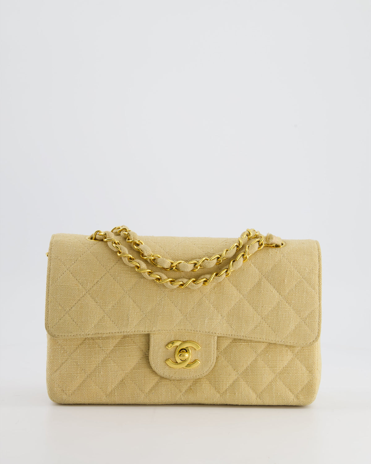 VINTAGE* Chanel Beige Small Fabric Double Flap Bag with 24K Gold Hardware