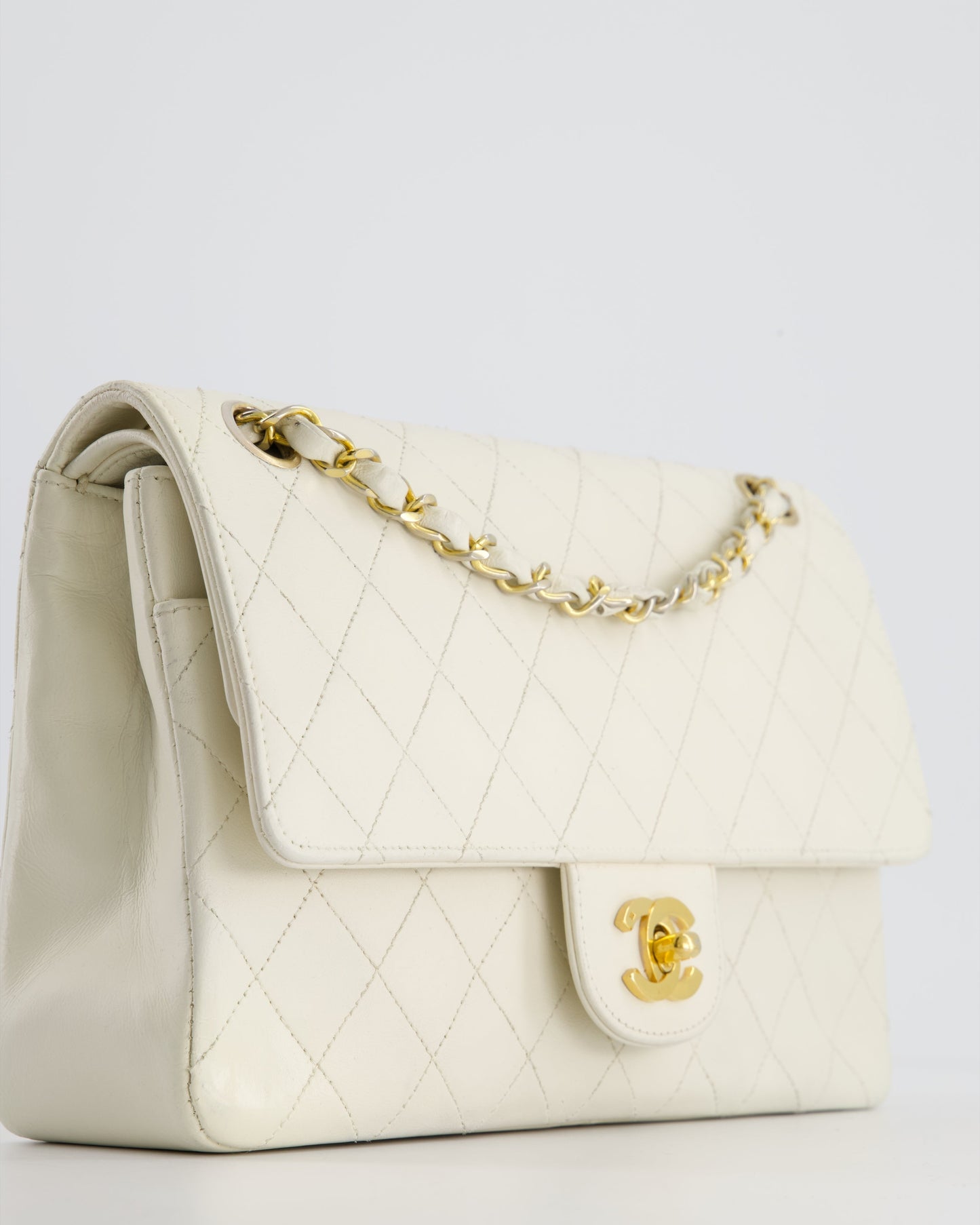 Chanel Vintage White Stitched Edge Classic Double Flap Bag with 24K Gold Hardware