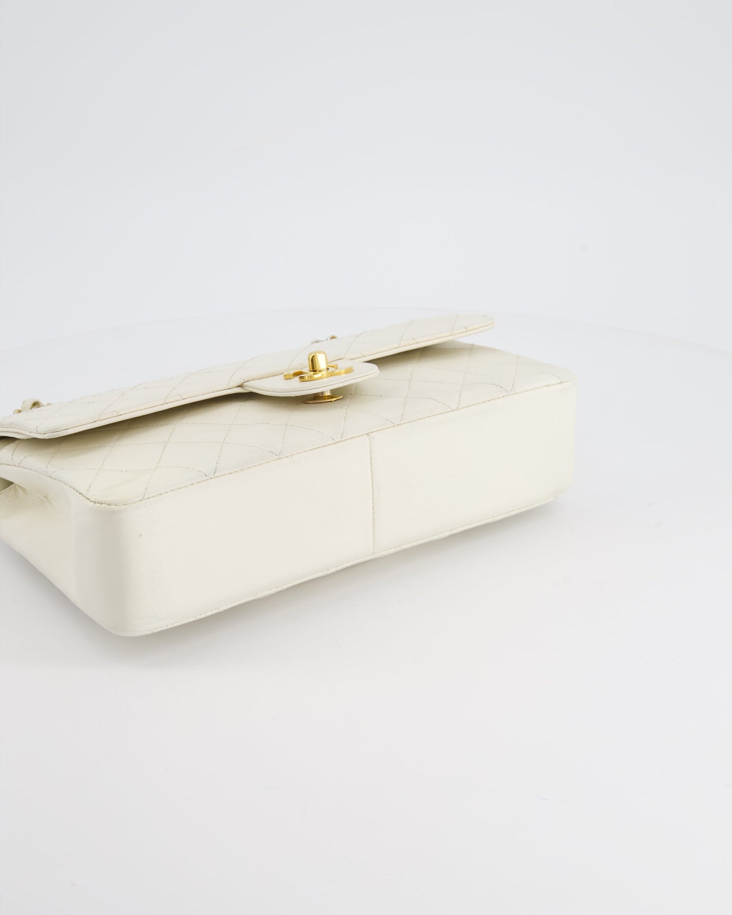 Chanel Vintage White Stitched Edge Classic Double Flap Bag with 24K Gold Hardware