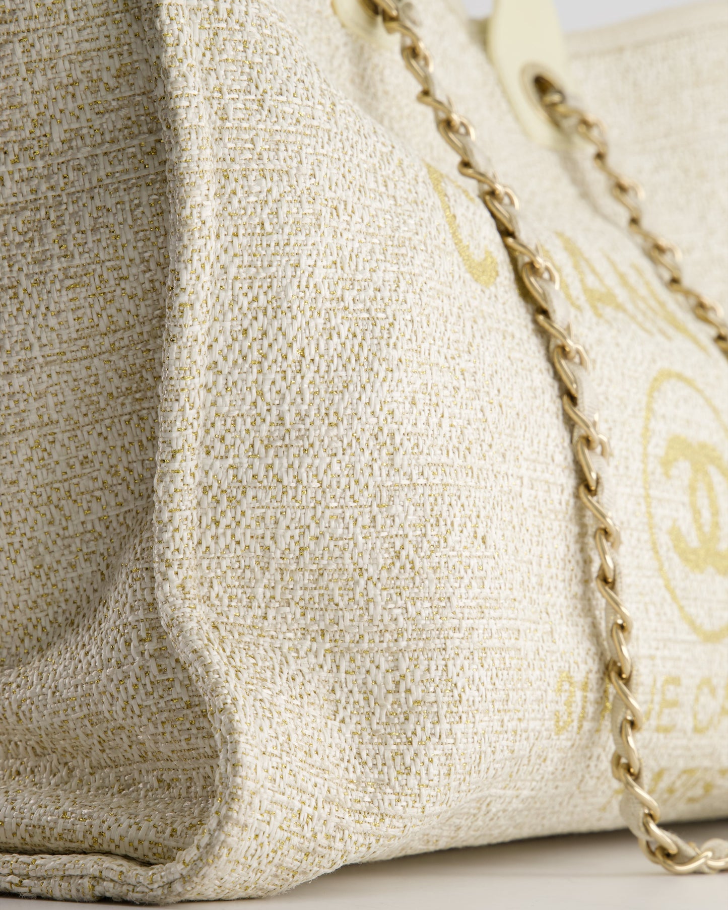 Chanel Cream Tweed Large Deauville Tote Bag with Gold Fabric Detail & Champagne Gold Hardware