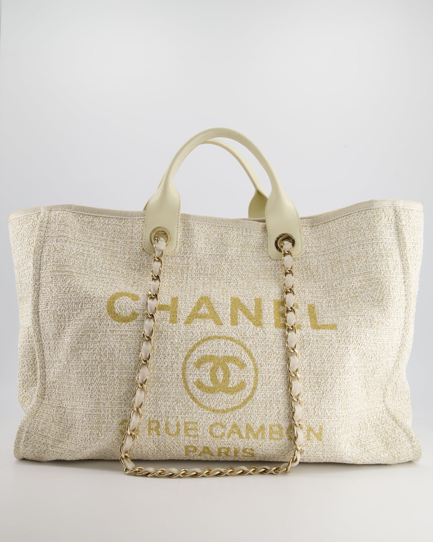 Chanel Cream Tweed Large Deauville Tote Bag with Gold Fabric Detail & Champagne Gold Hardware