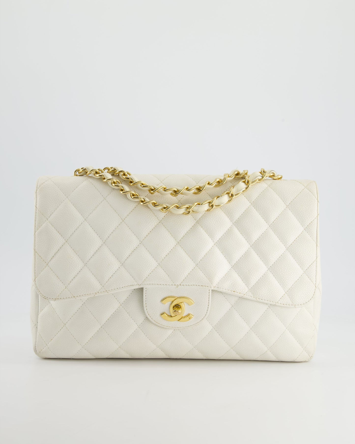 Chanel Vintage White Jumbo Classic Single Flap Bag in Caviar Leather with 24K Gold Hardware RRP £9,240