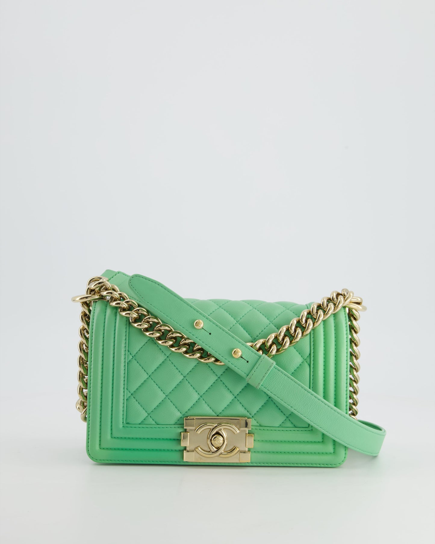 *HOT* Chanel Mint Green Small Boy Bag in Shiny Calfskin Leather with Champagne Gold Hardware