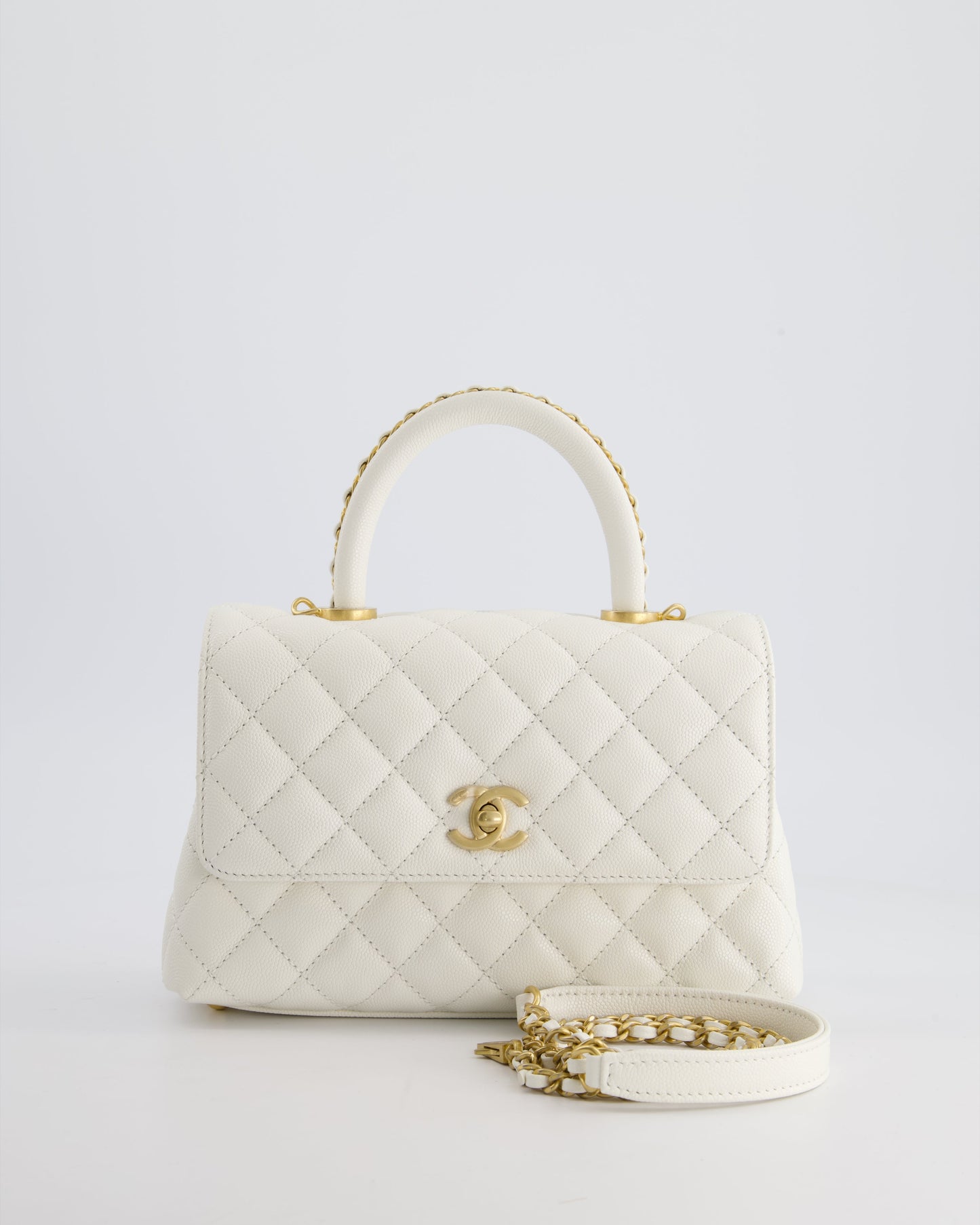 Chanel Small White Caviar Quilted Coco Flap Bag with Brushed Gold Hardware and Chain Detail Handle