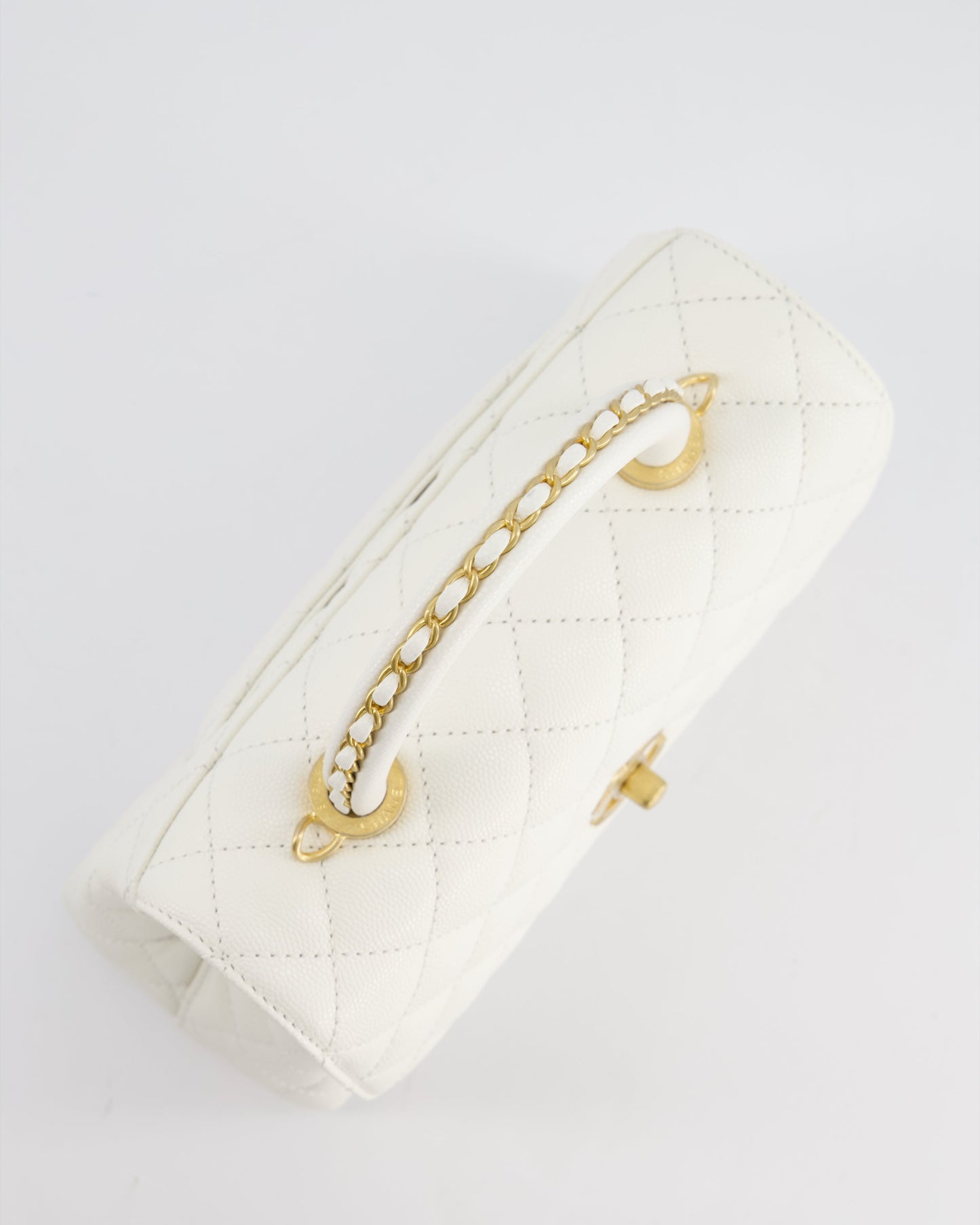 Chanel Small White Caviar Quilted Coco Flap Bag with Brushed Gold Hardware and Chain Detail Handle
