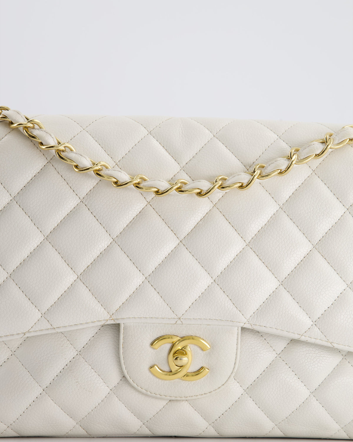 Chanel White Caviar Jumbo Classic Double Flap Bag with Gold Hardware
