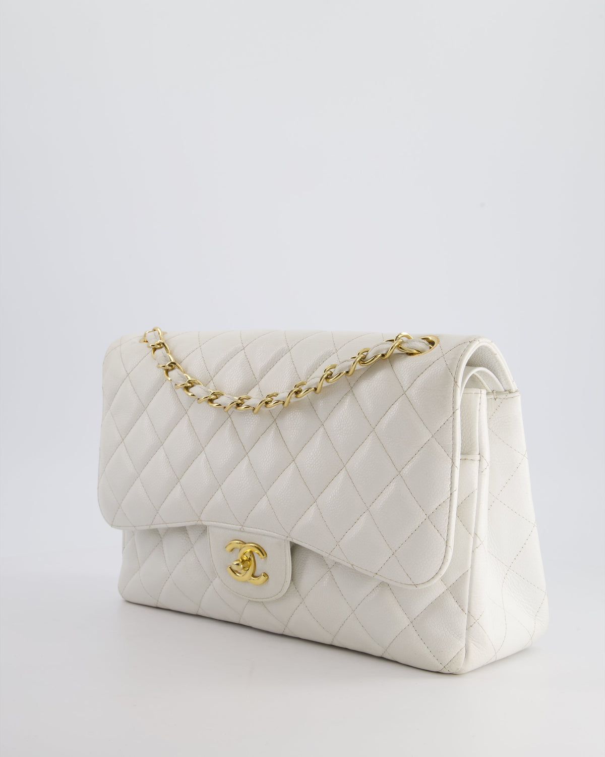 Chanel White Caviar Jumbo Classic Double Flap Bag with Gold Hardware