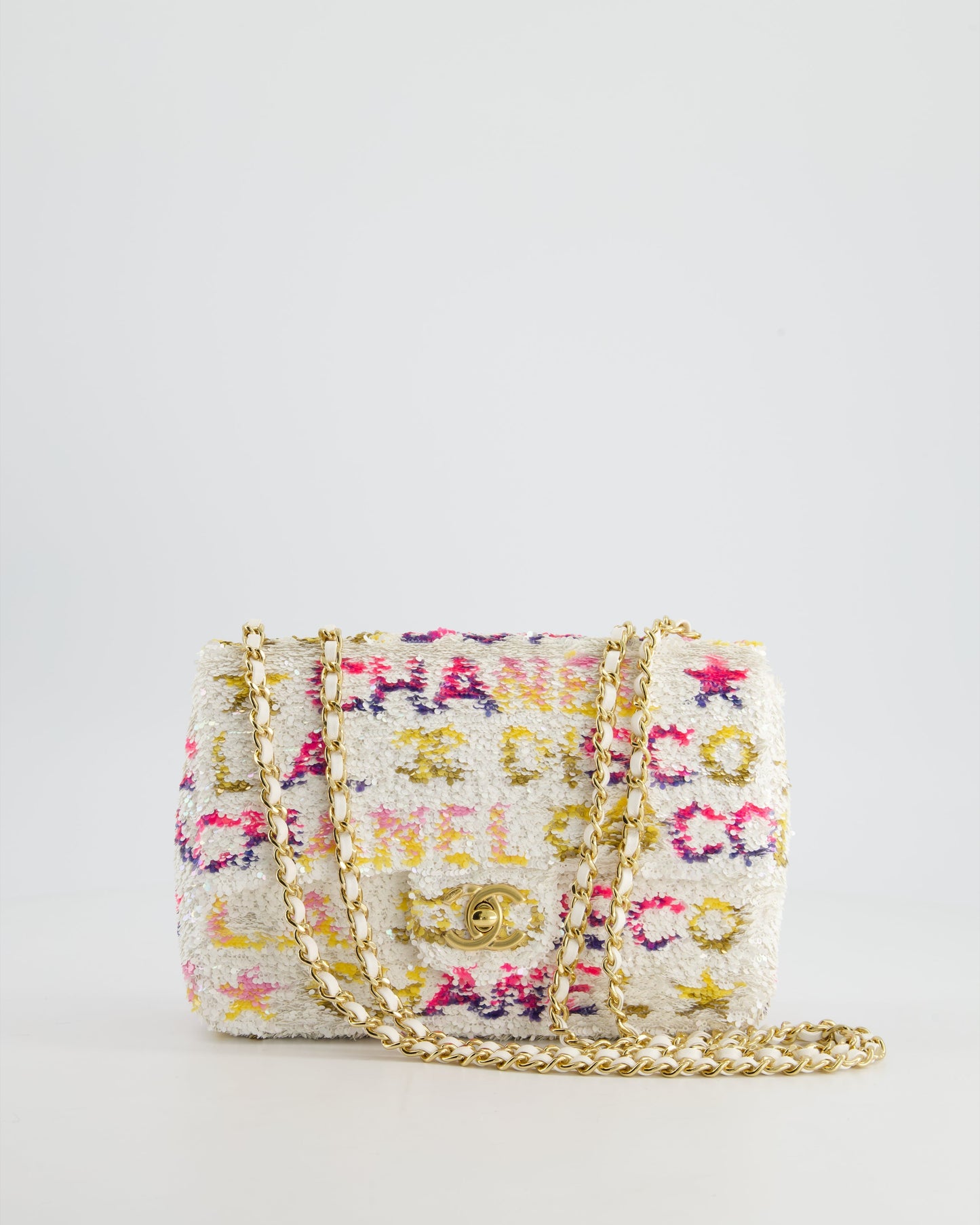 & CURRENT SEASON* Chanel Cruise 2024 White, Yellow, Pink and Blue Sequin Small Flap Bag with Gold Hardware