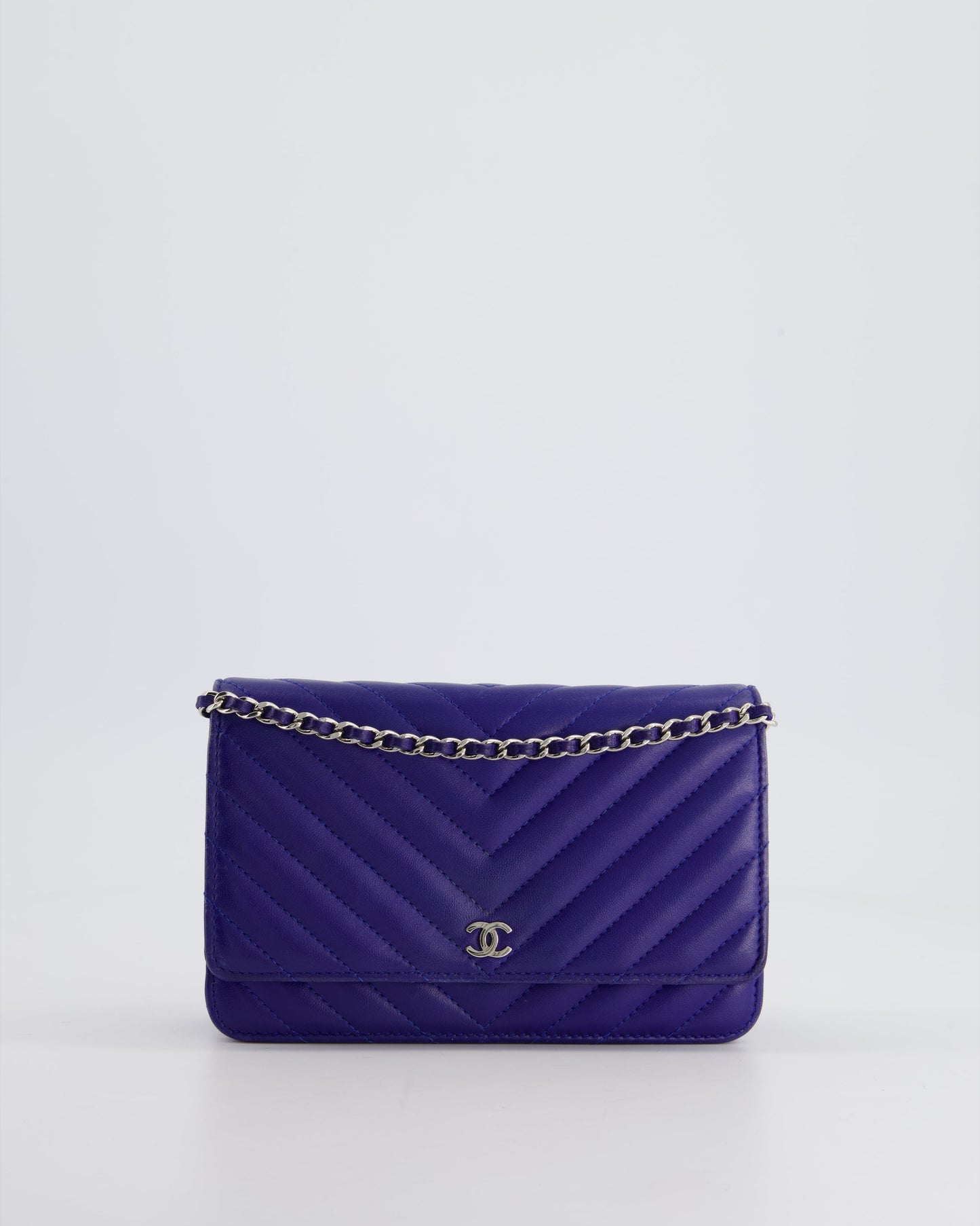 Chanel Cobalt Blue Chevron Wallet on Chain in Lambskin with Silver Hardware