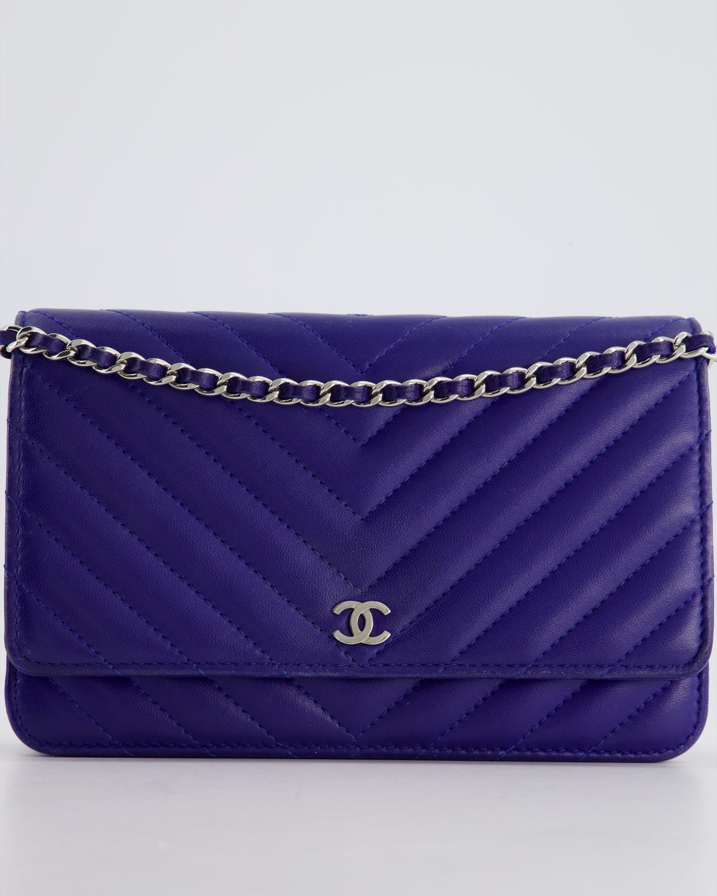 Chanel Cobalt Blue Chevron Wallet on Chain in Lambskin with Silver Hardware