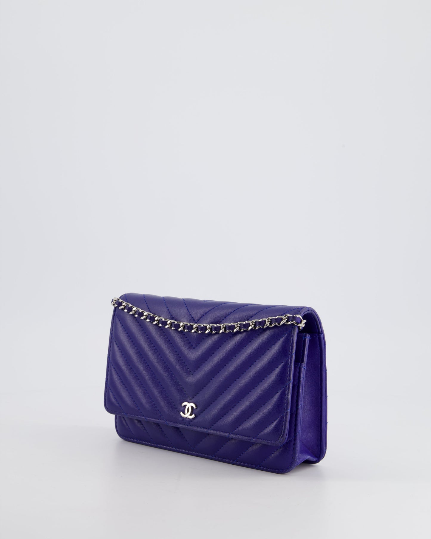 Chanel Cobalt Blue Chevron Wallet on Chain in Lambskin with Silver Hardware