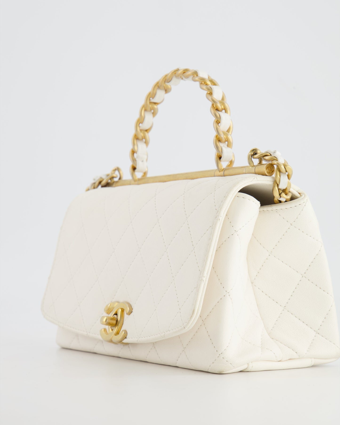 Chanel White Lambskin Leather Small Flap Bag with Brushed Gold Chain Top Handle