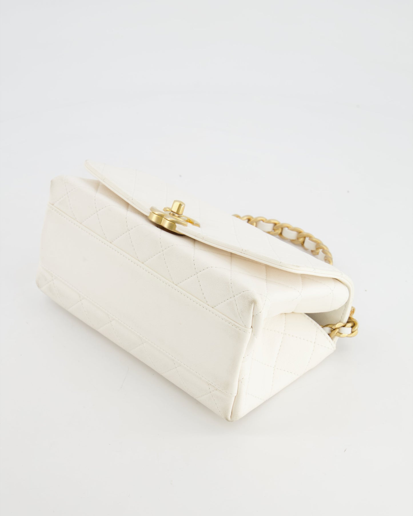 Chanel White Lambskin Leather Small Flap Bag with Brushed Gold Chain Top Handle
