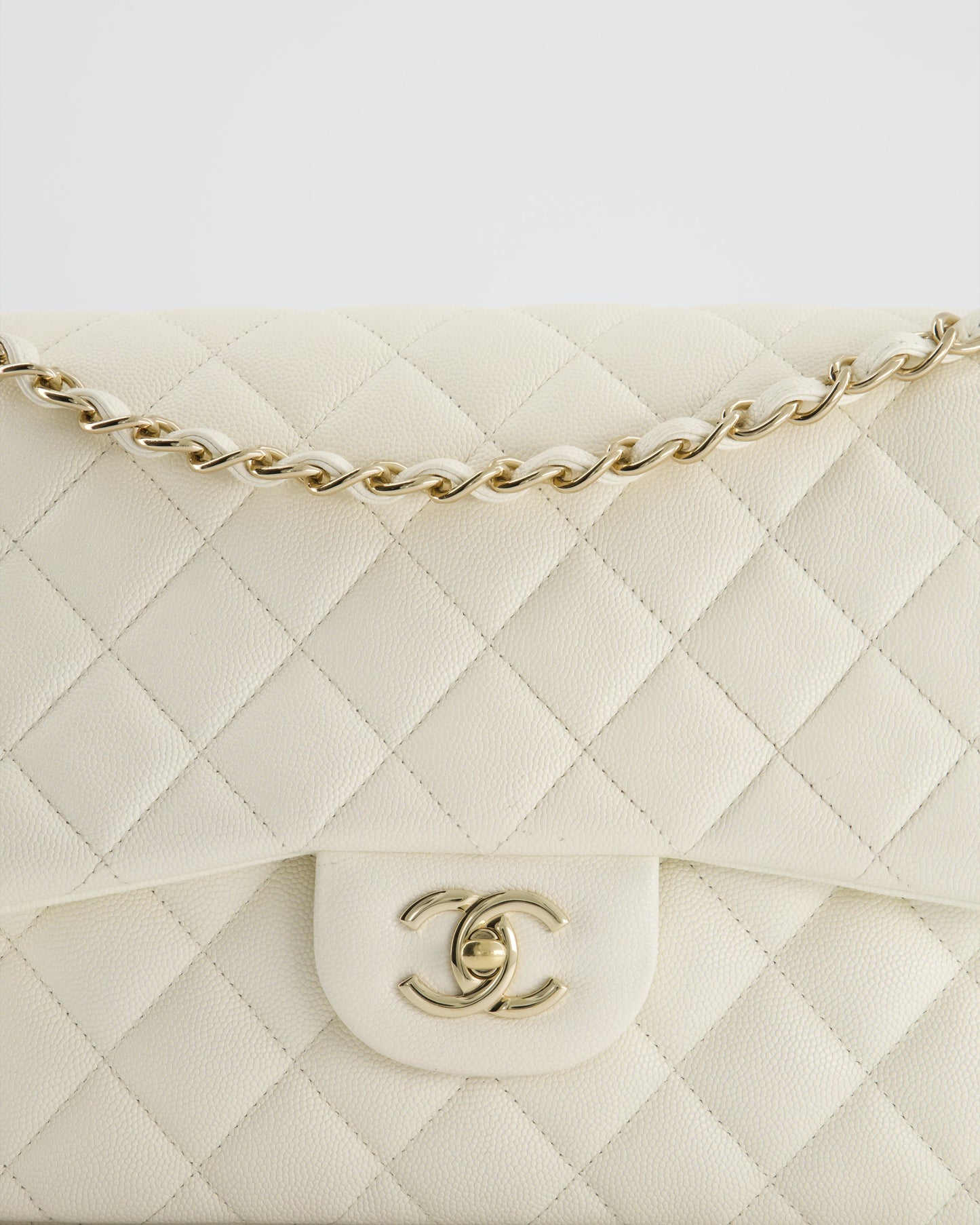 Chanel White Jumbo Classic Double Flap Bag in Shiny Caviar Leather with Champagne Gold Hardware RRP £9,240