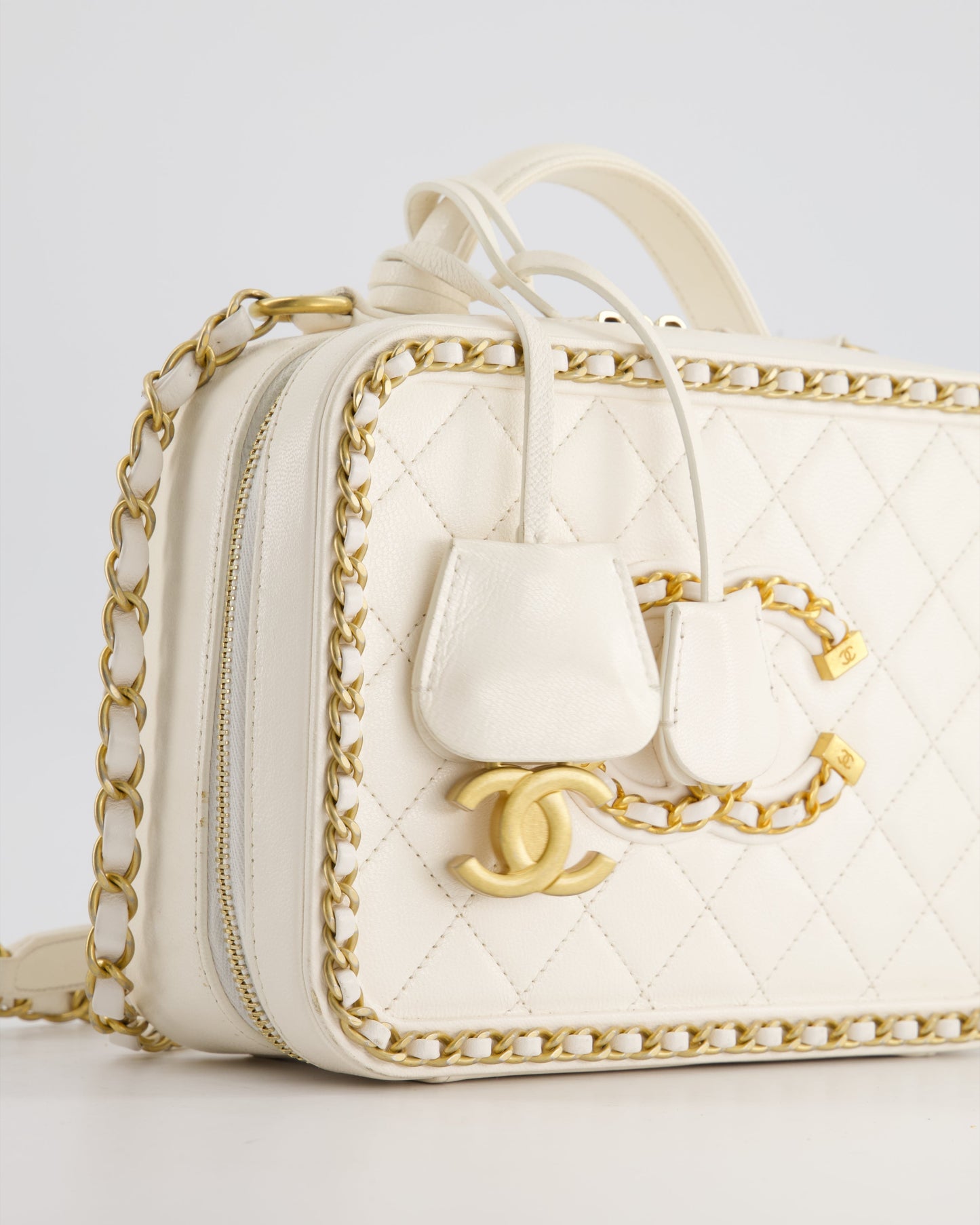 Chanel White Medium CC Filigree Vanity Case Bag in Shiny Calfskin Leather with Brushed Gold Hardware and Chain Detail