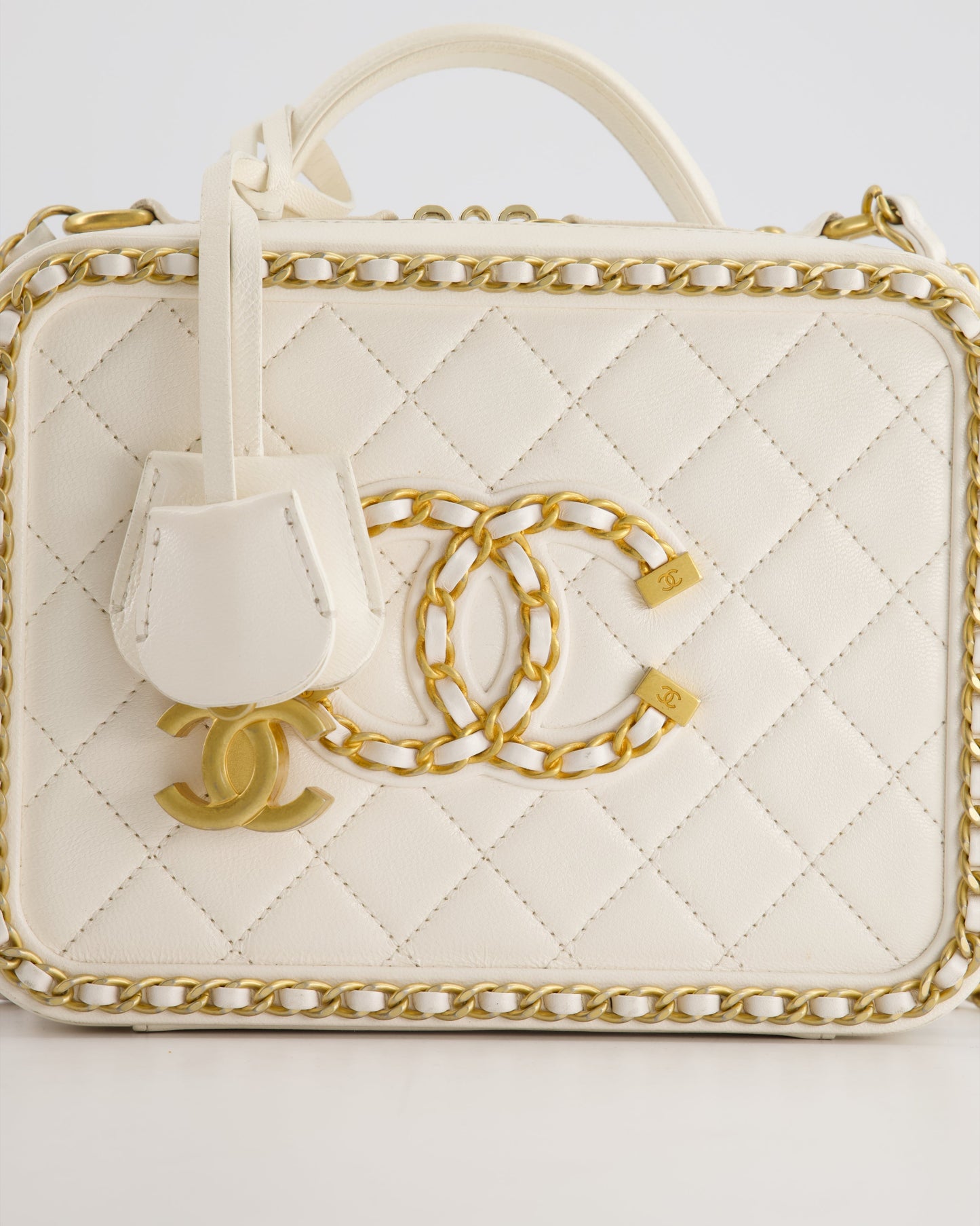 Chanel White Medium CC Filigree Vanity Case Bag in Shiny Calfskin Leather with Brushed Gold Hardware and Chain Detail