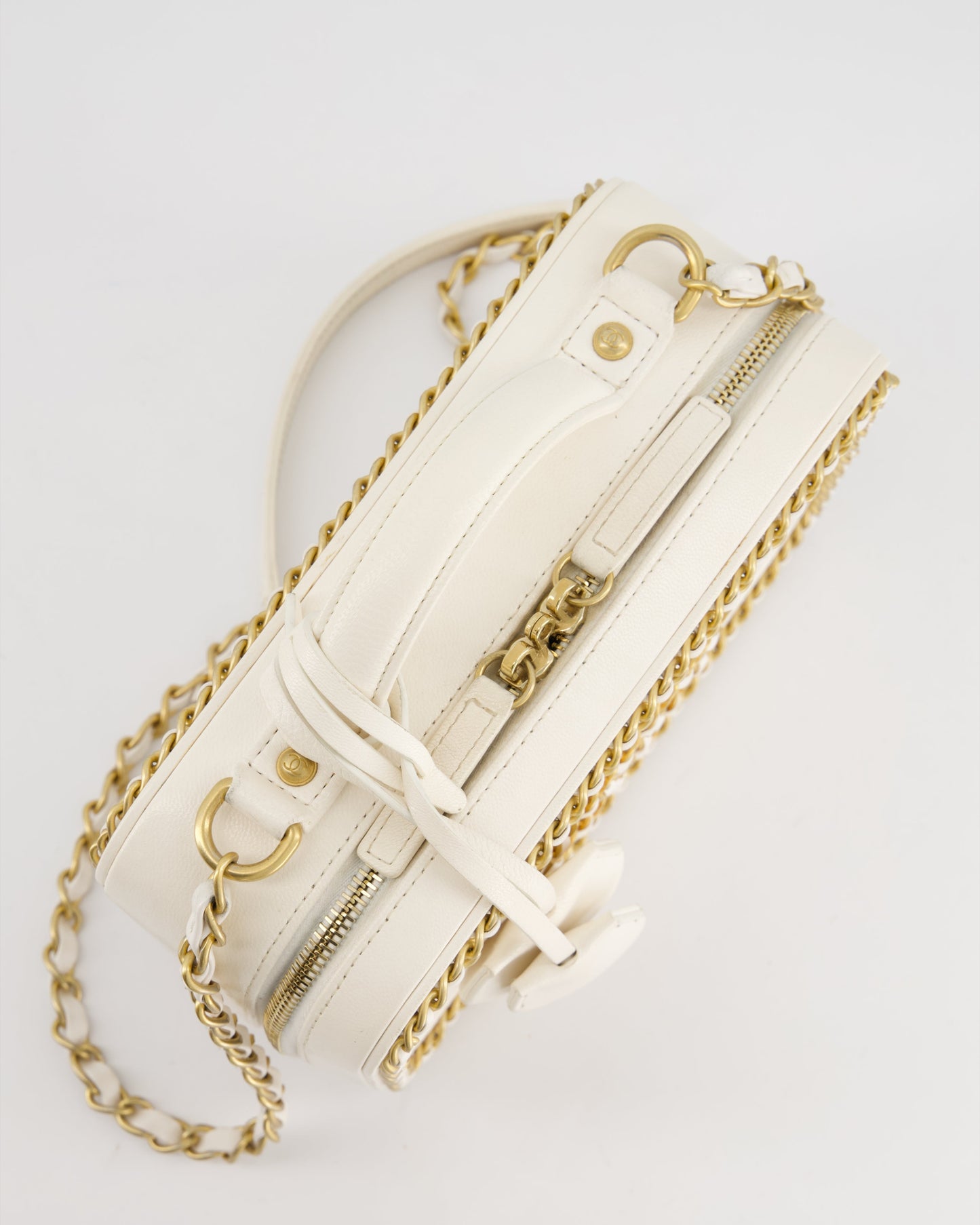 Chanel White Medium CC Filigree Vanity Case Bag in Shiny Calfskin Leather with Brushed Gold Hardware and Chain Detail