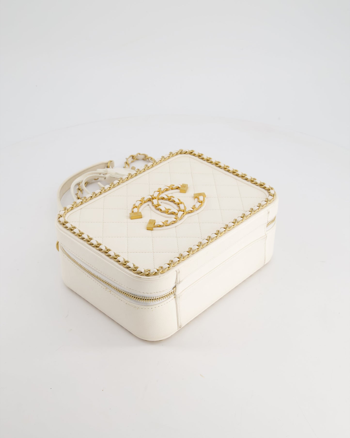 Chanel White Medium CC Filigree Vanity Case Bag in Shiny Calfskin Leather with Brushed Gold Hardware and Chain Detail