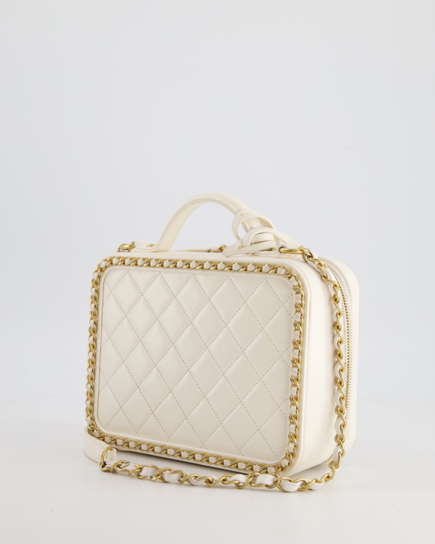 Chanel White Medium CC Filigree Vanity Case Bag in Shiny Calfskin Leather with Brushed Gold Hardware and Chain Detail