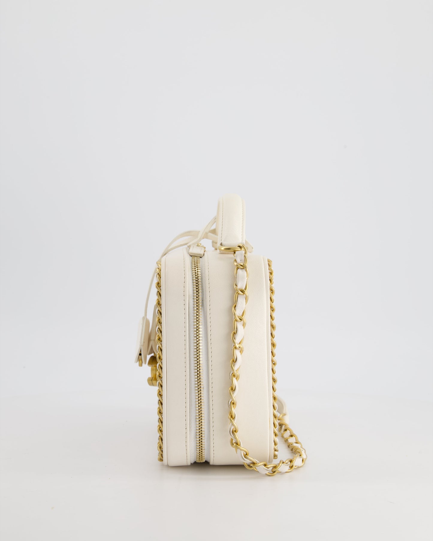 Chanel White Medium CC Filigree Vanity Case Bag in Shiny Calfskin Leather with Brushed Gold Hardware and Chain Detail