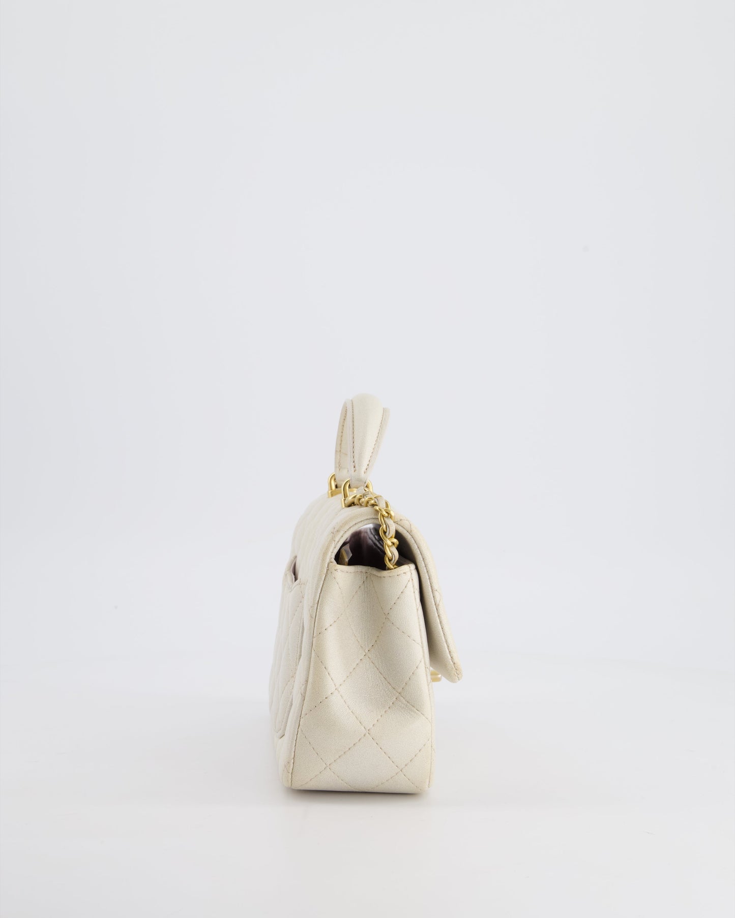 Chanel Off-White Mini Rectangular Top Handle Flap Bag in Lambskin Leather with Brushed Gold Hardware