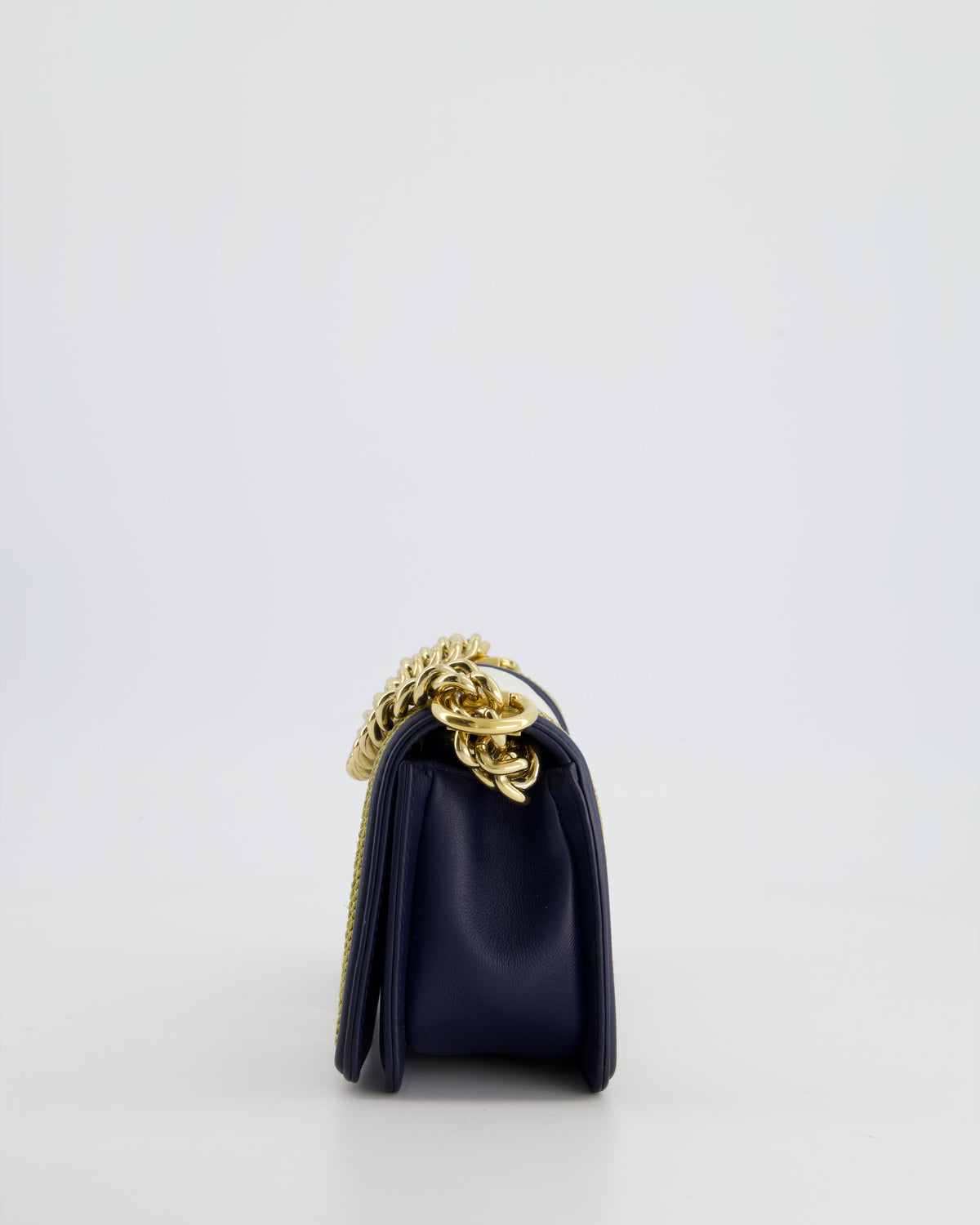Chanel Navy and White 19C Small Boy Bag in Chevron Lambskin Leather and Gold Hardware with Gold Rope Trim Detailing