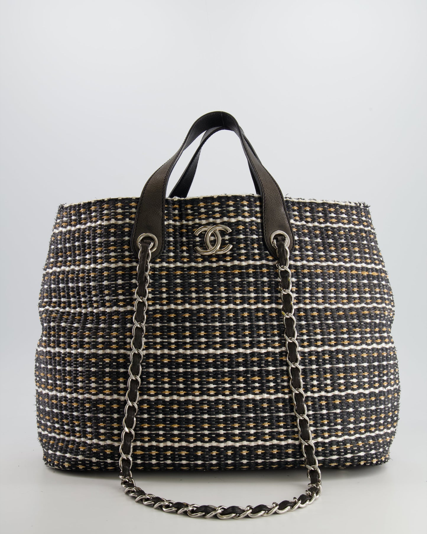 Chanel Black Raffia Chain CC Tote Bag with Silver Hardware