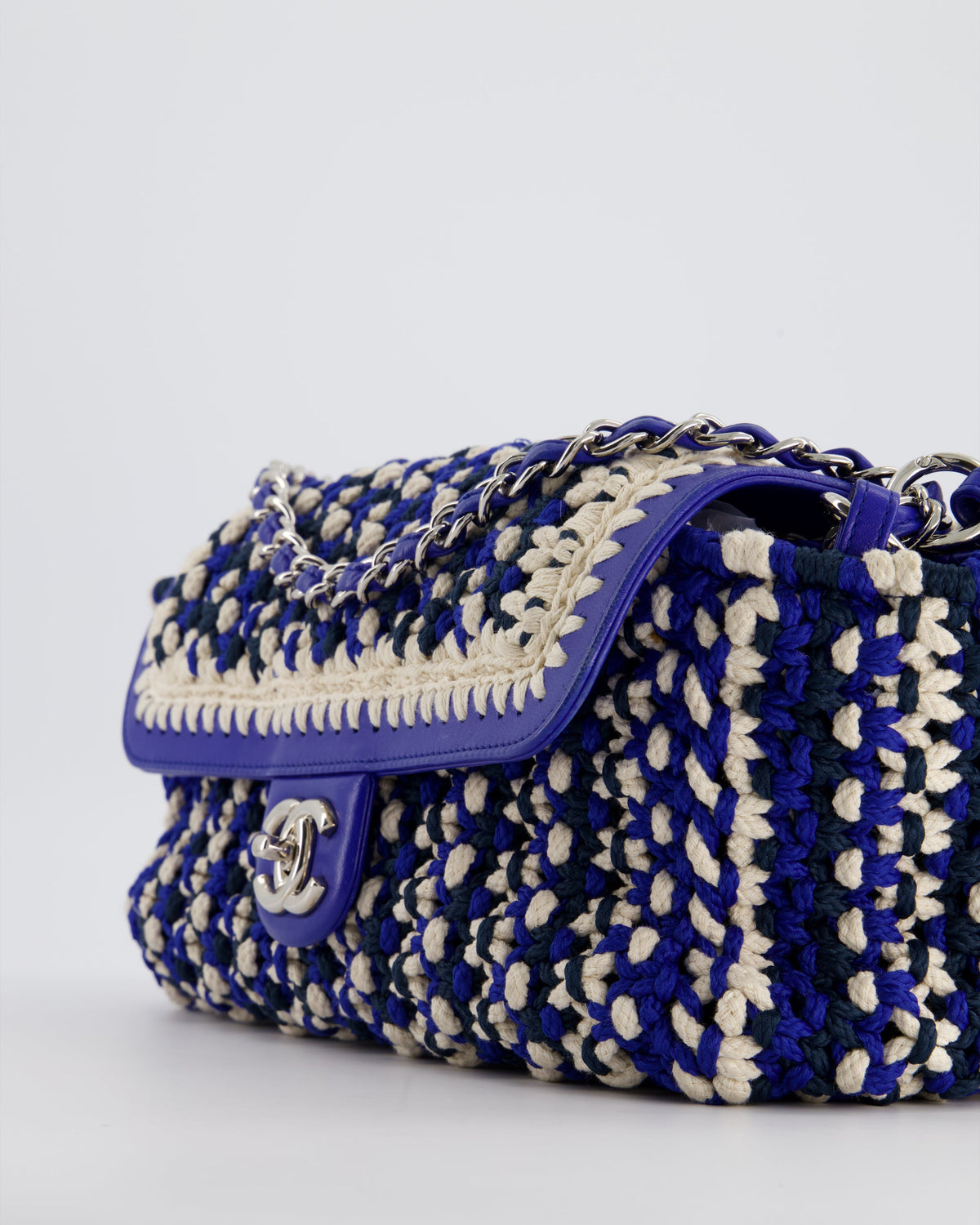 Chanel Navy, Blue and Cream Crochet Flap Bag with Silver Hardware