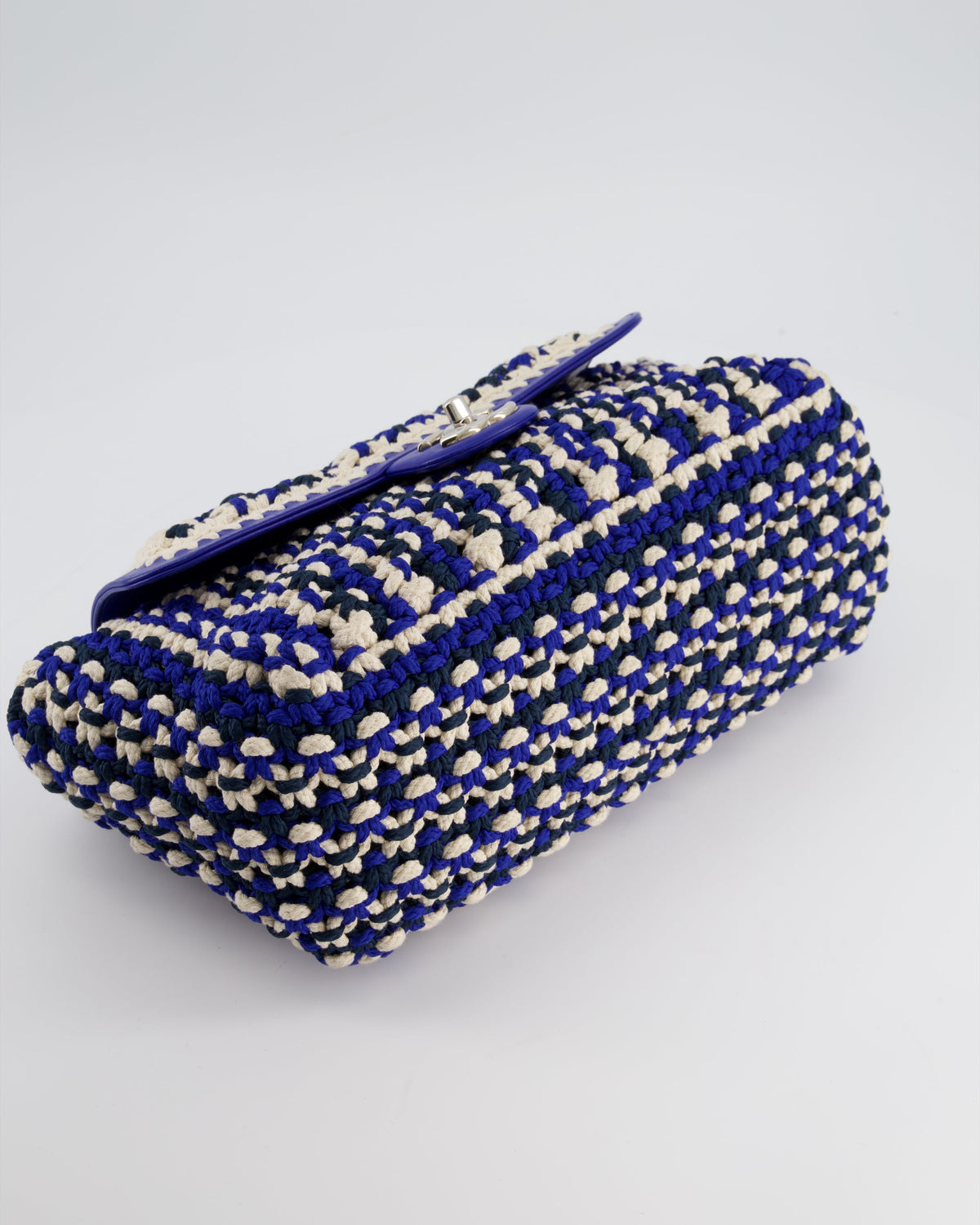 Chanel Navy, Blue and Cream Crochet Flap Bag with Silver Hardware