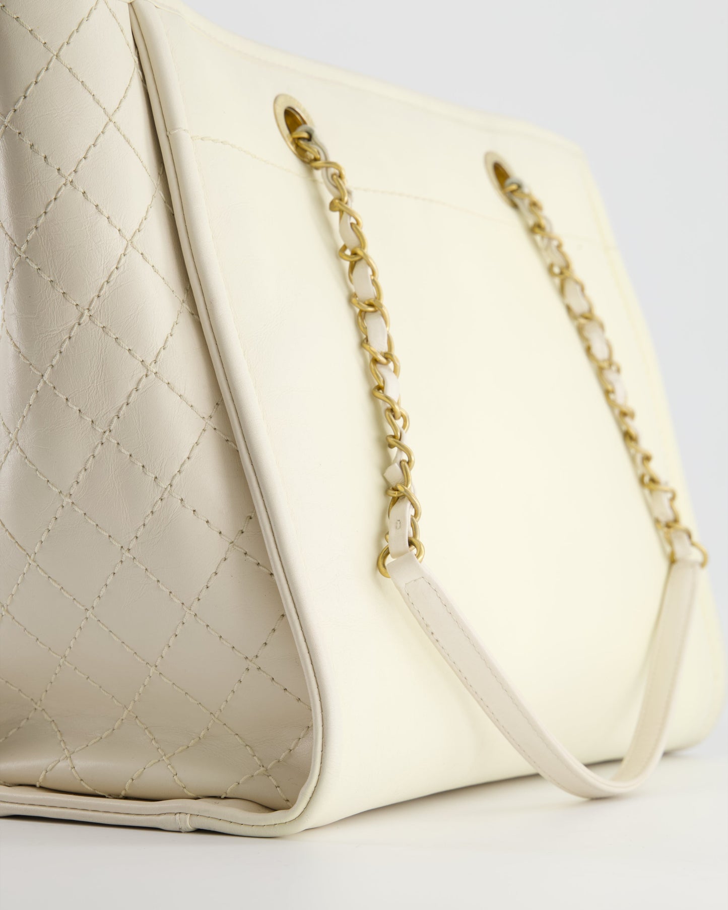 Chanel White Leather Deauville Tote Bag with Gold Hardware
