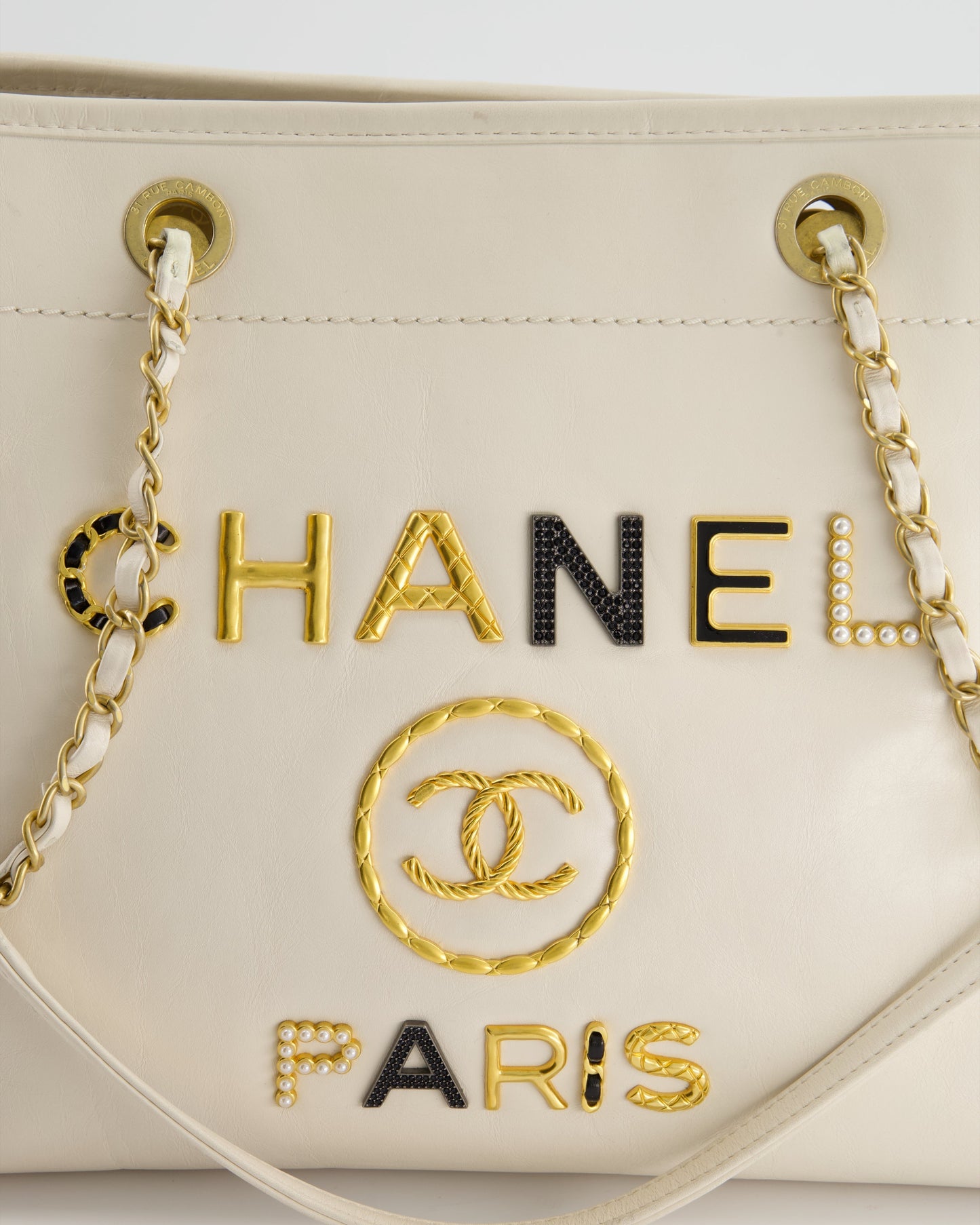Chanel White Leather Deauville Tote Bag with Gold Hardware