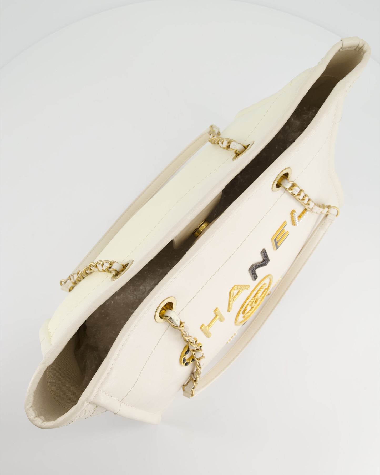 Chanel White Leather Deauville Tote Bag with Gold Hardware