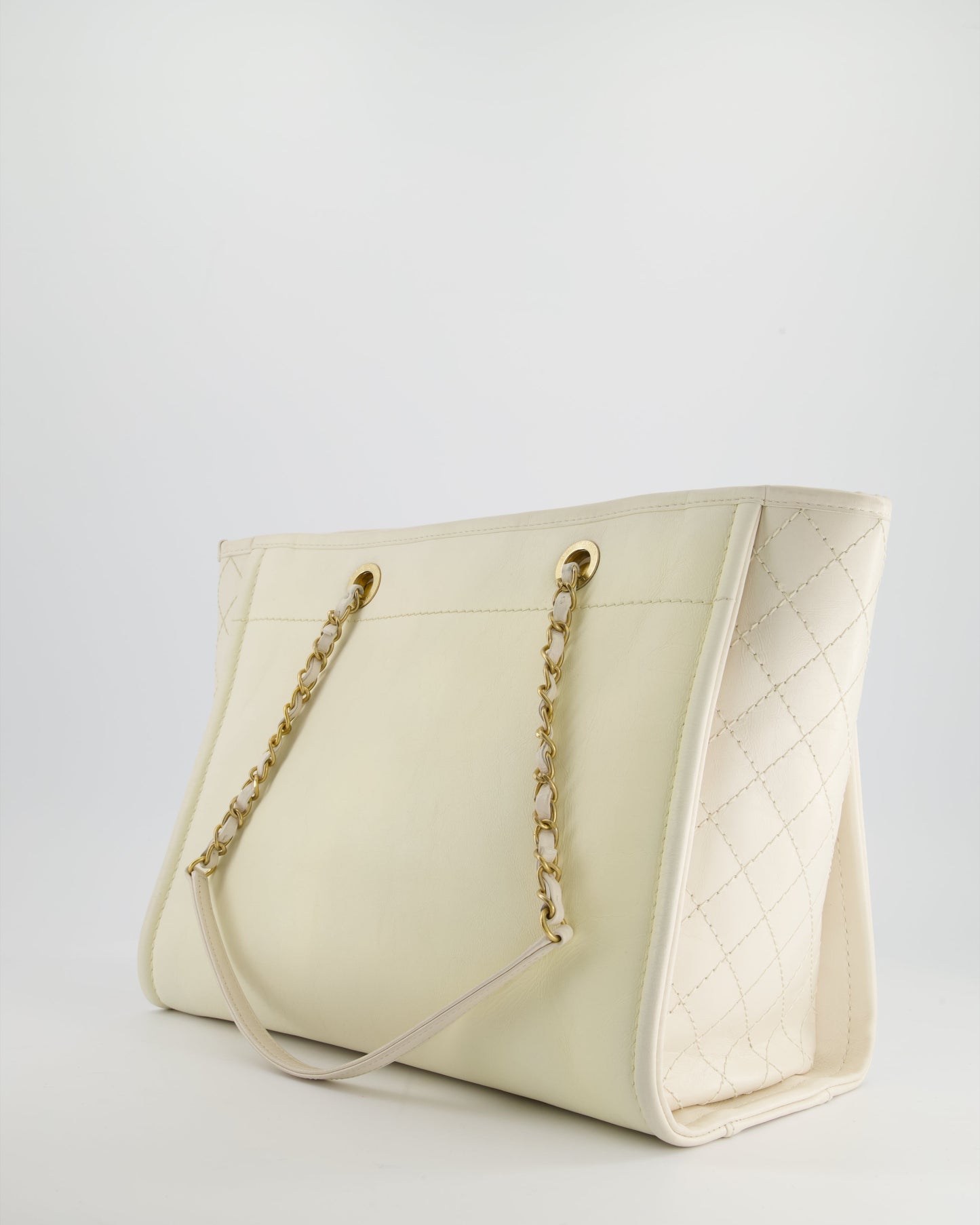 Chanel White Leather Deauville Tote Bag with Gold Hardware
