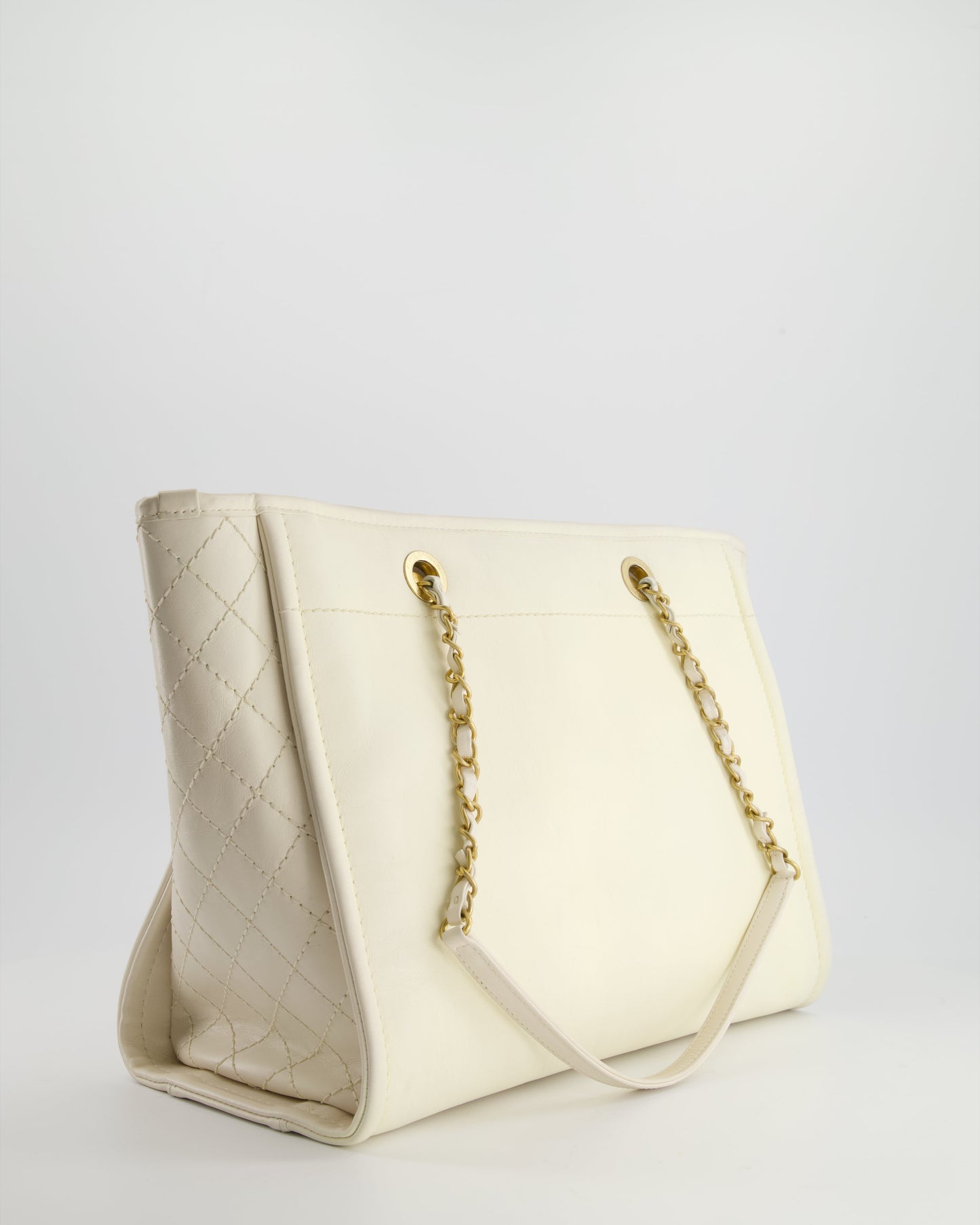 Chanel White Leather Deauville Tote Bag with Gold Hardware