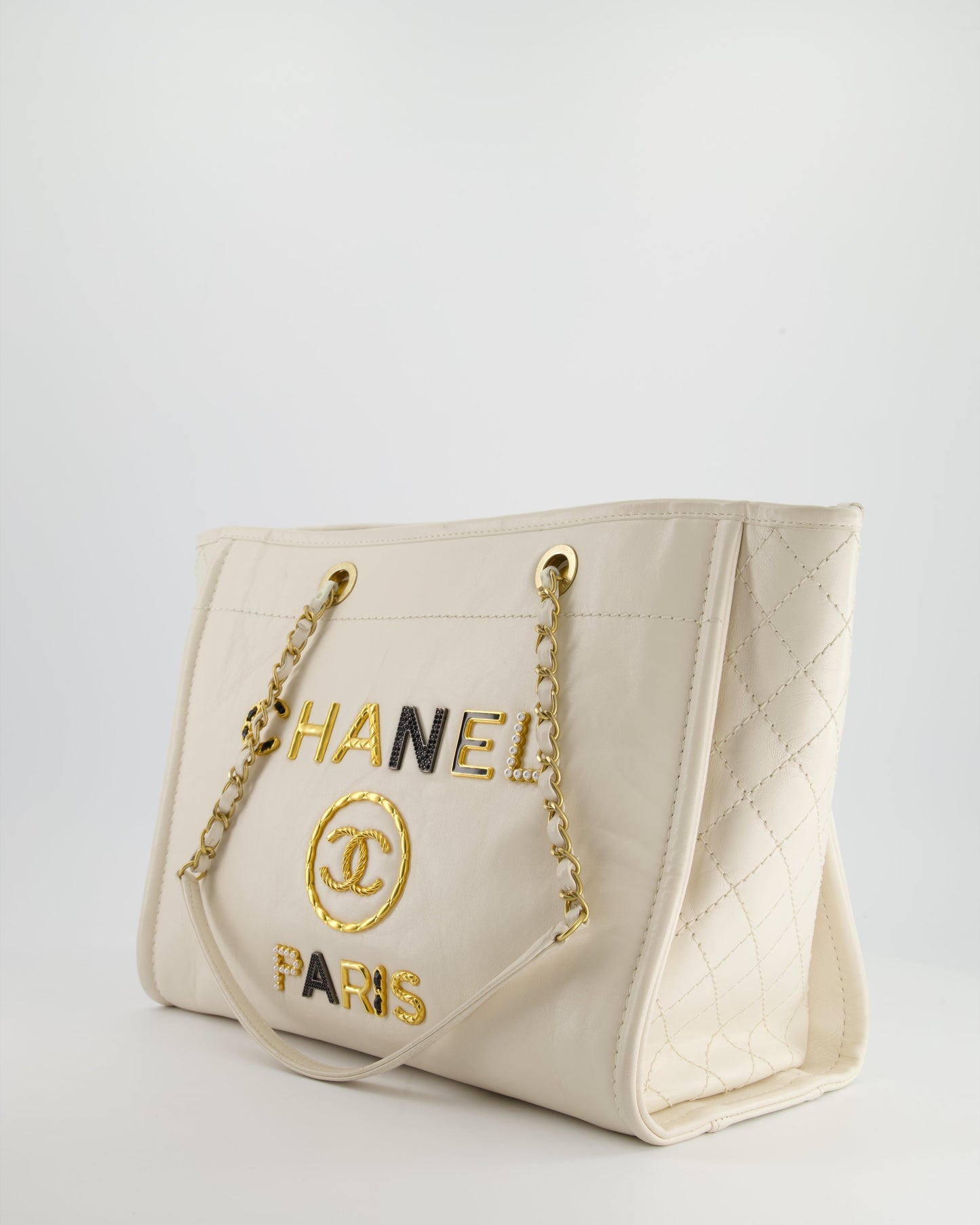 Chanel White Leather Deauville Tote Bag with Gold Hardware