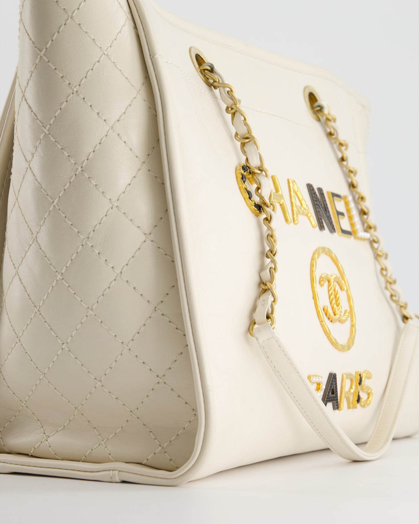 Chanel White Leather Deauville Tote Bag with Gold Hardware
