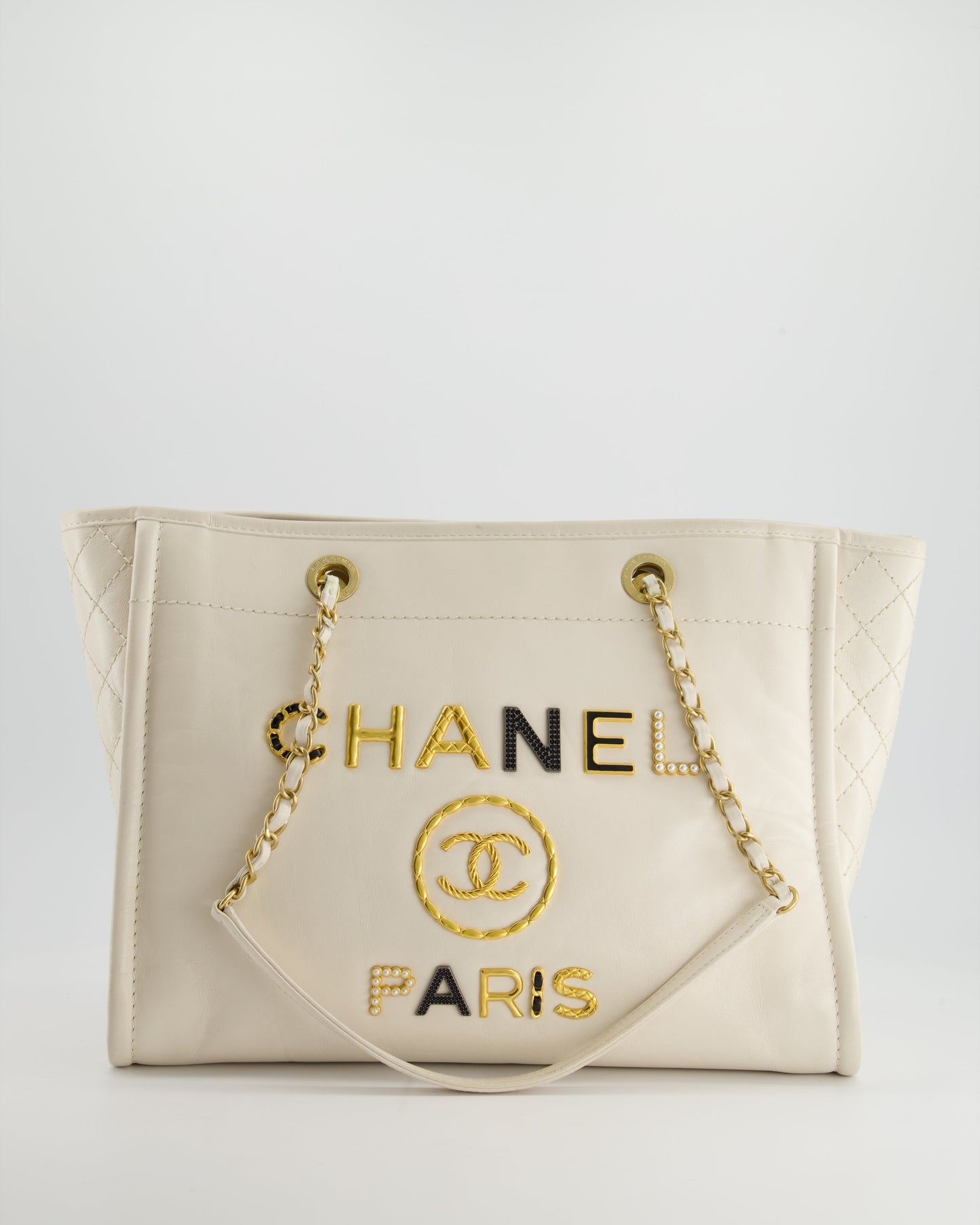 Chanel White Leather Deauville Tote Bag with Gold Hardware