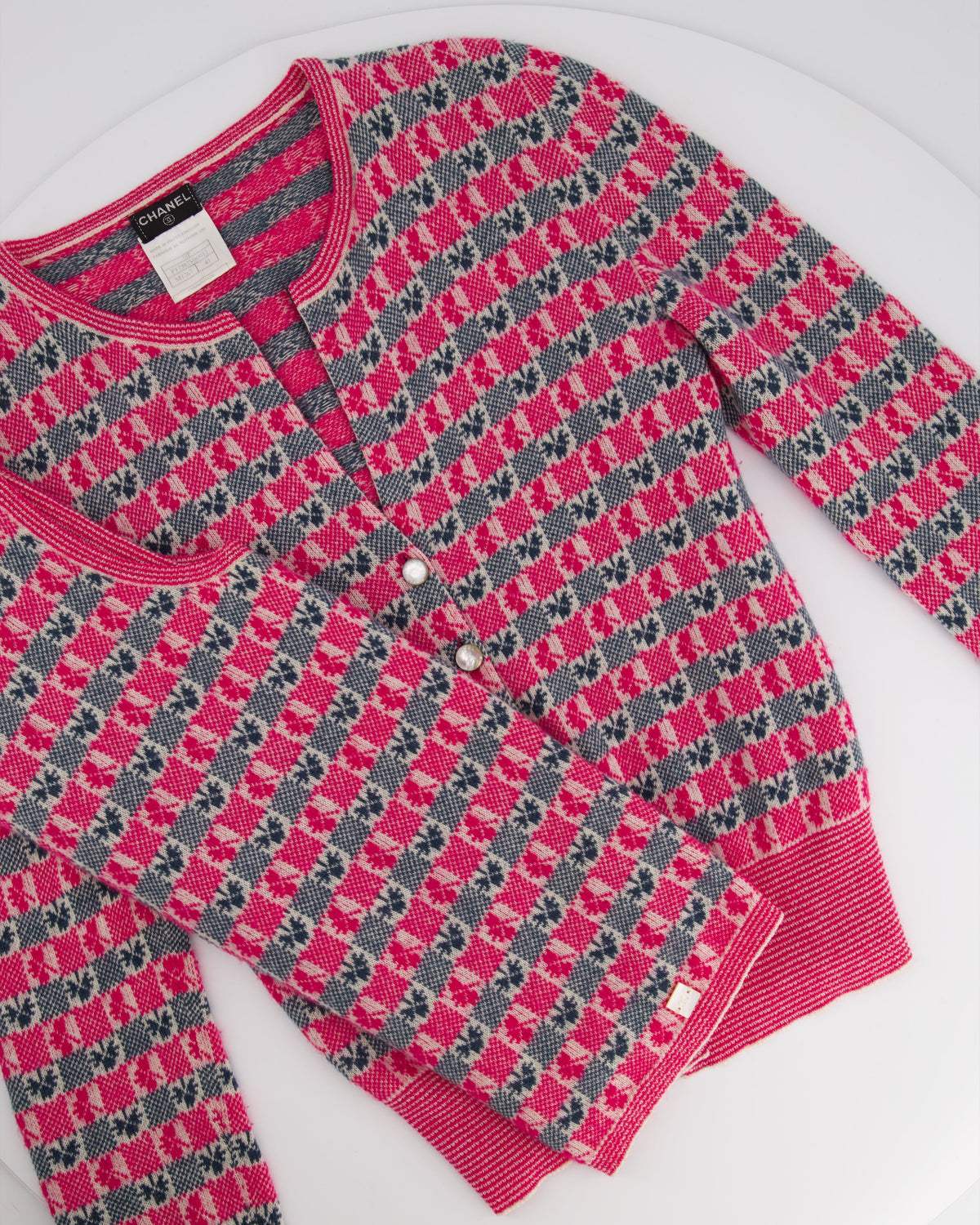 Chanel Pink Intarsia Knit Cashmere igan and Top Set Size FR 40 (UK 12)