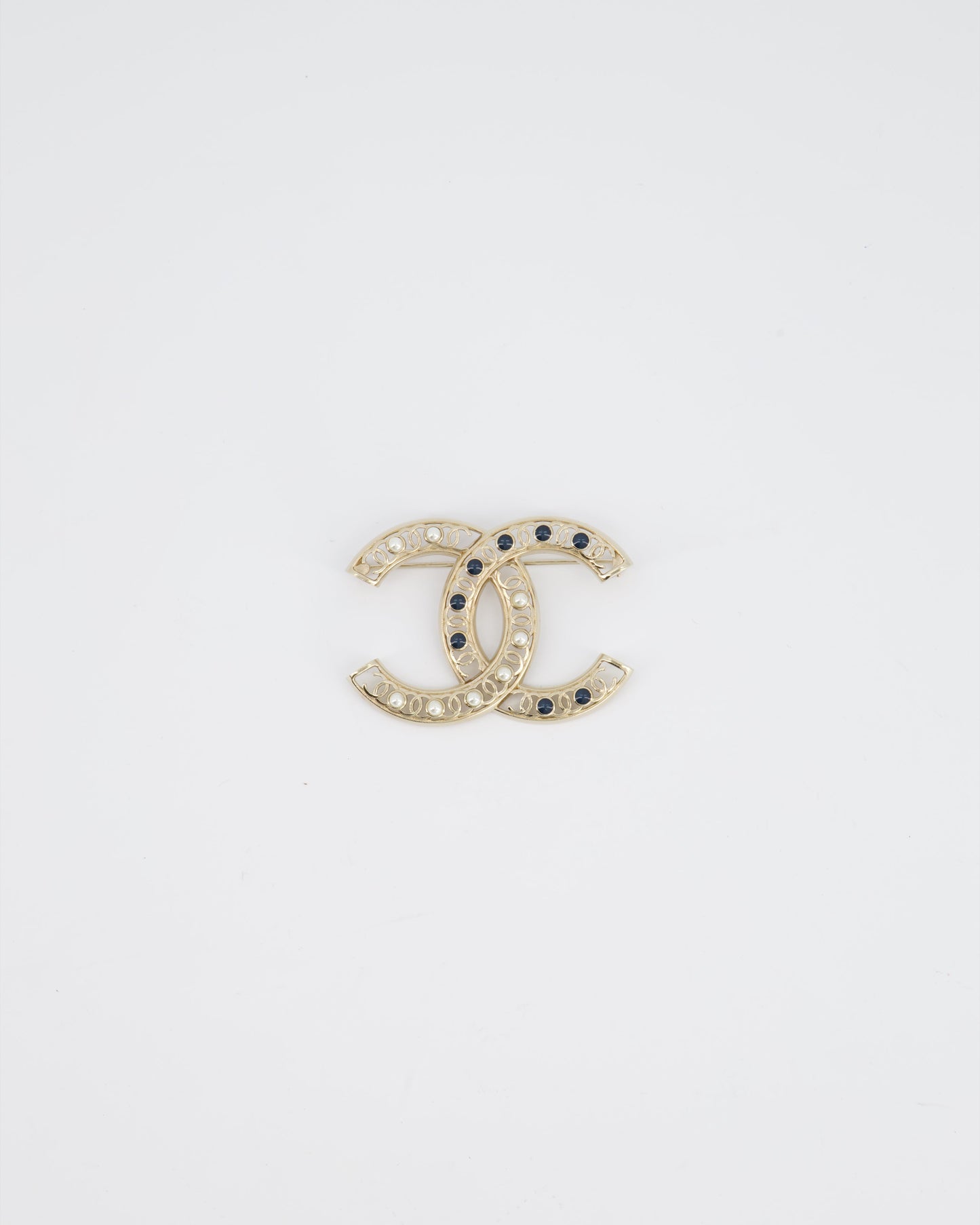 *HOT* Chanel Large CC Pearls and Blue Crystals Brooch with Champagne Gold Hardware&nbsp;