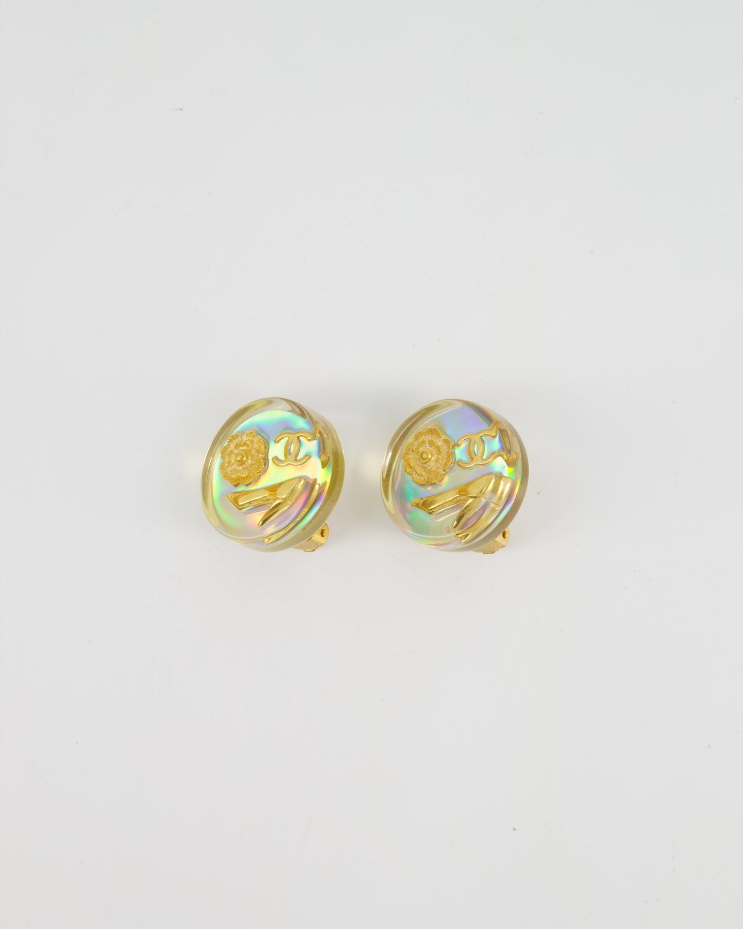 Chanel 97P Vintage Round Iridescent with Gold CC Logo, Cam√©ila & Shoe Detail Clip-On Earrings