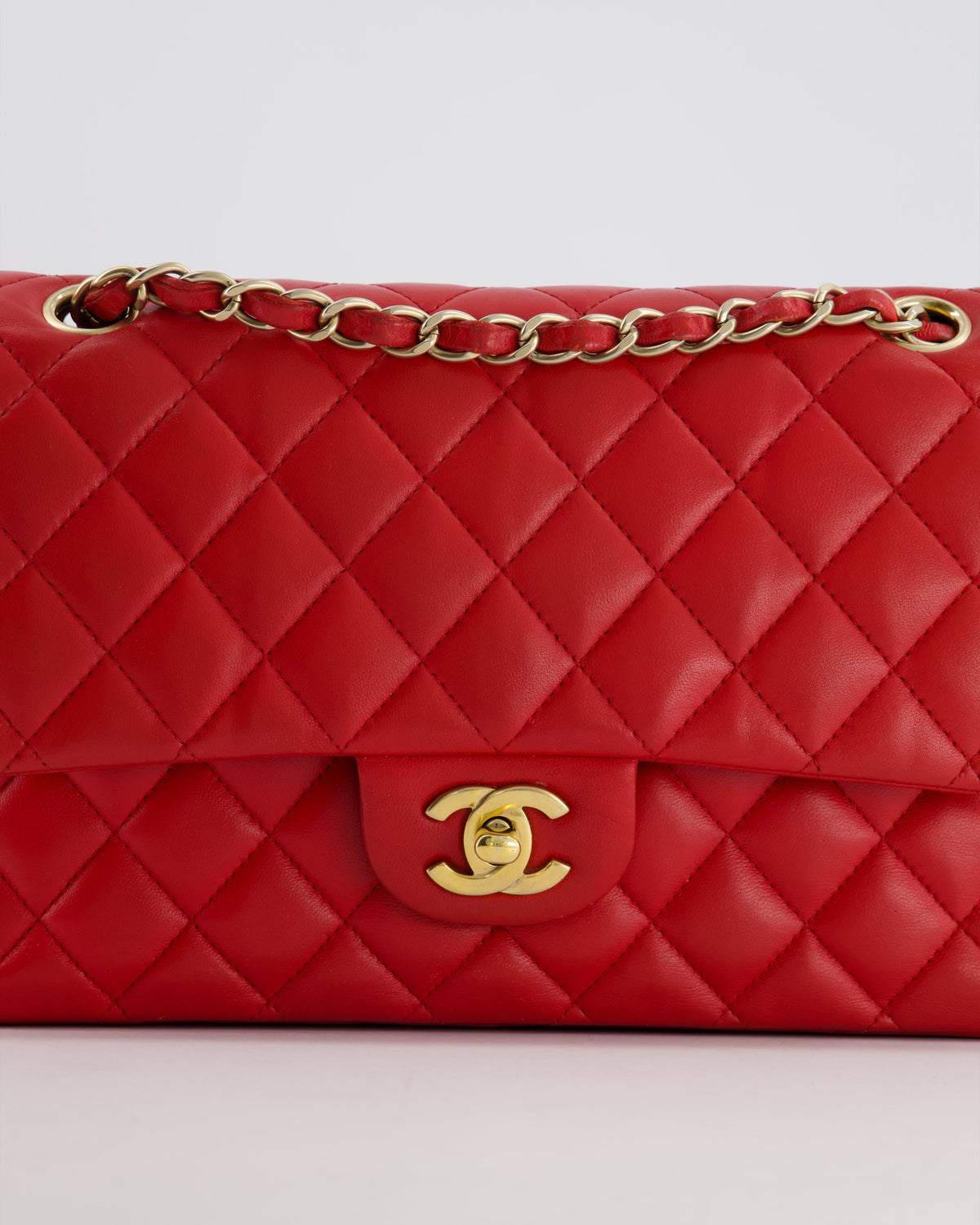 Chanel Medium Red Classic Double Flap Bag in Lambskin Leather with Brushed Gold Hardware