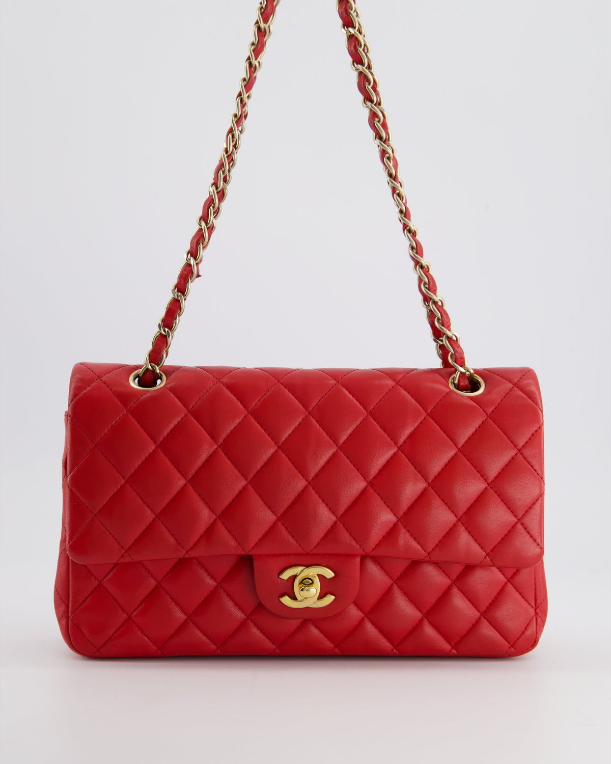 Chanel Medium Red Classic Double Flap Bag in Lambskin Leather with Brushed Gold Hardware