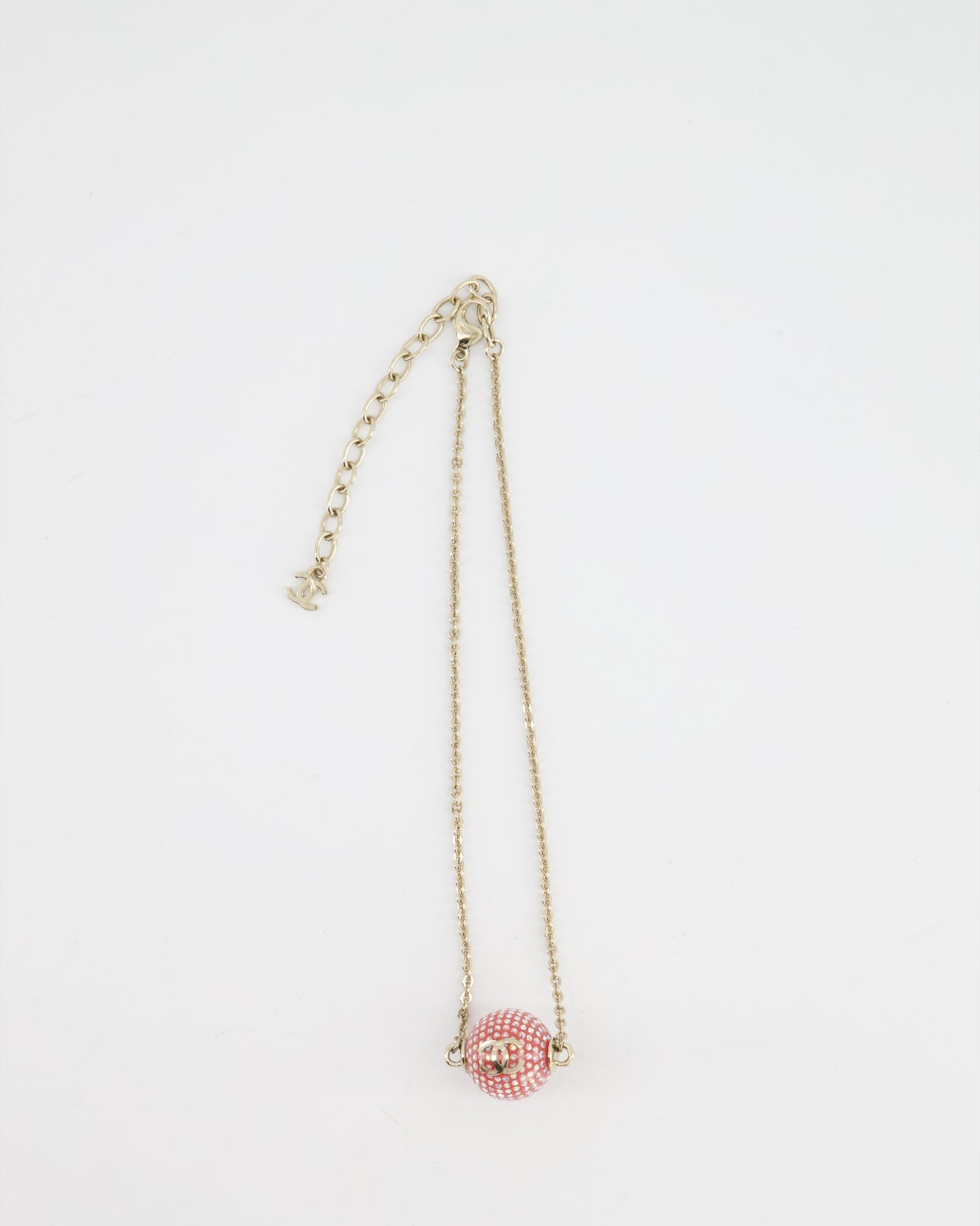 Chanel Champagne Gold Necklace with Pink Ball Pendant