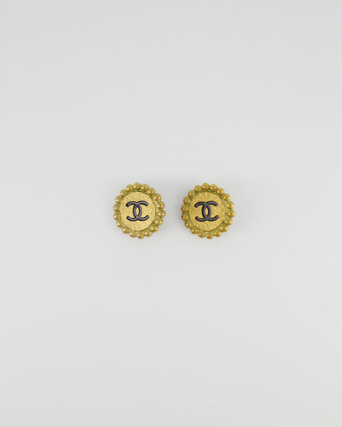 Chanel Vintage Brushed Gold Round Clip-On Earrings with Black CC Logo Detail
