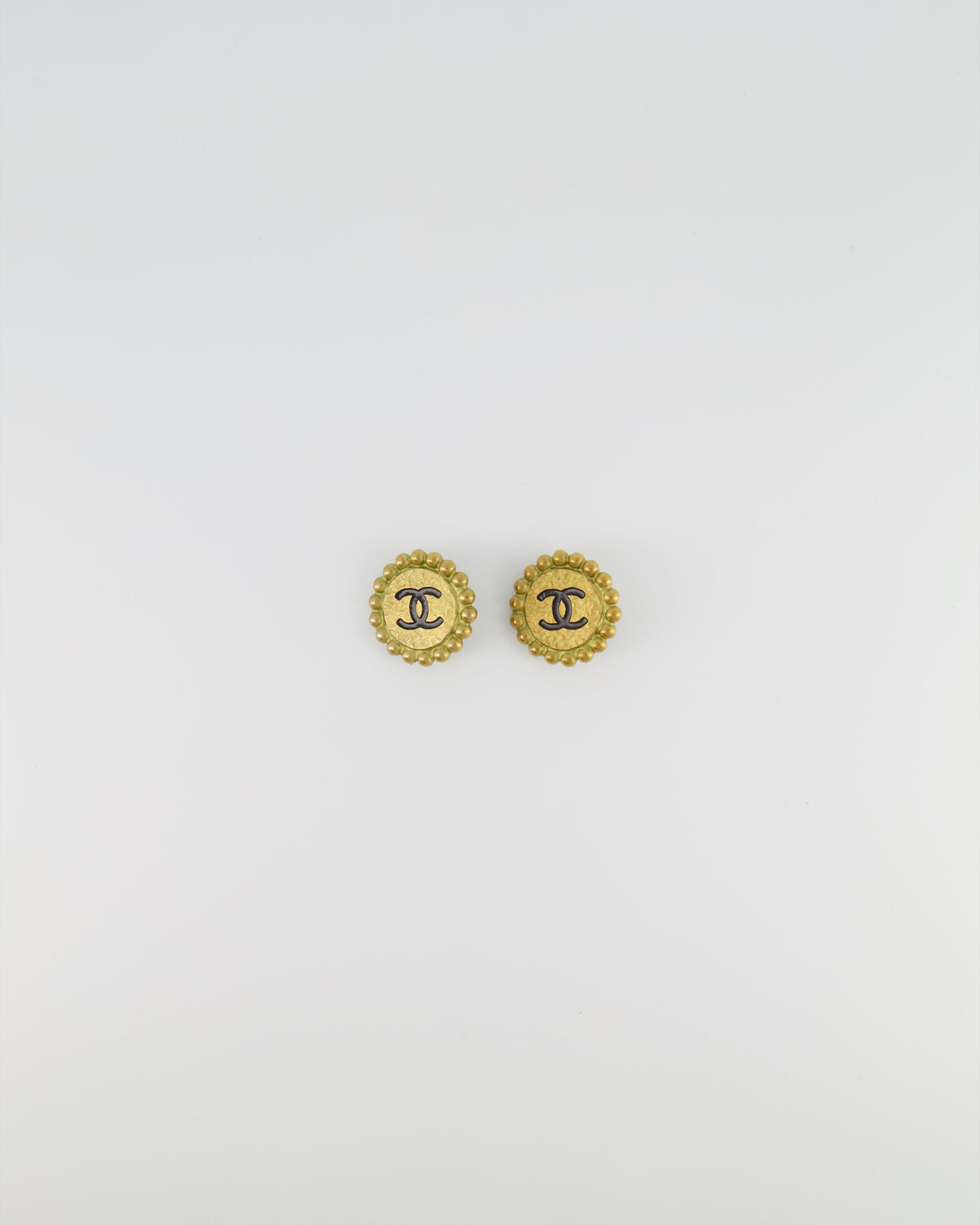 Chanel Vintage Brushed Gold Round Clip-On Earrings with Black CC Logo Detail